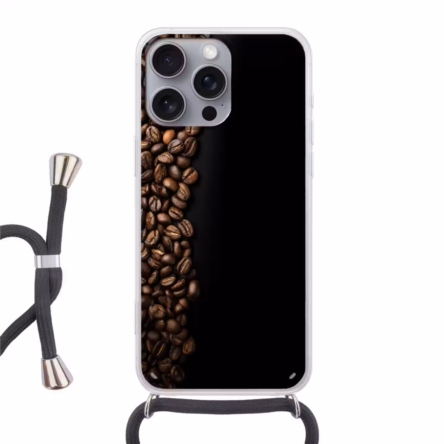 Koffiebonen - Zwart - Eenvoudig Hoesje iPhone 16 Pro Max met koord klein -3d