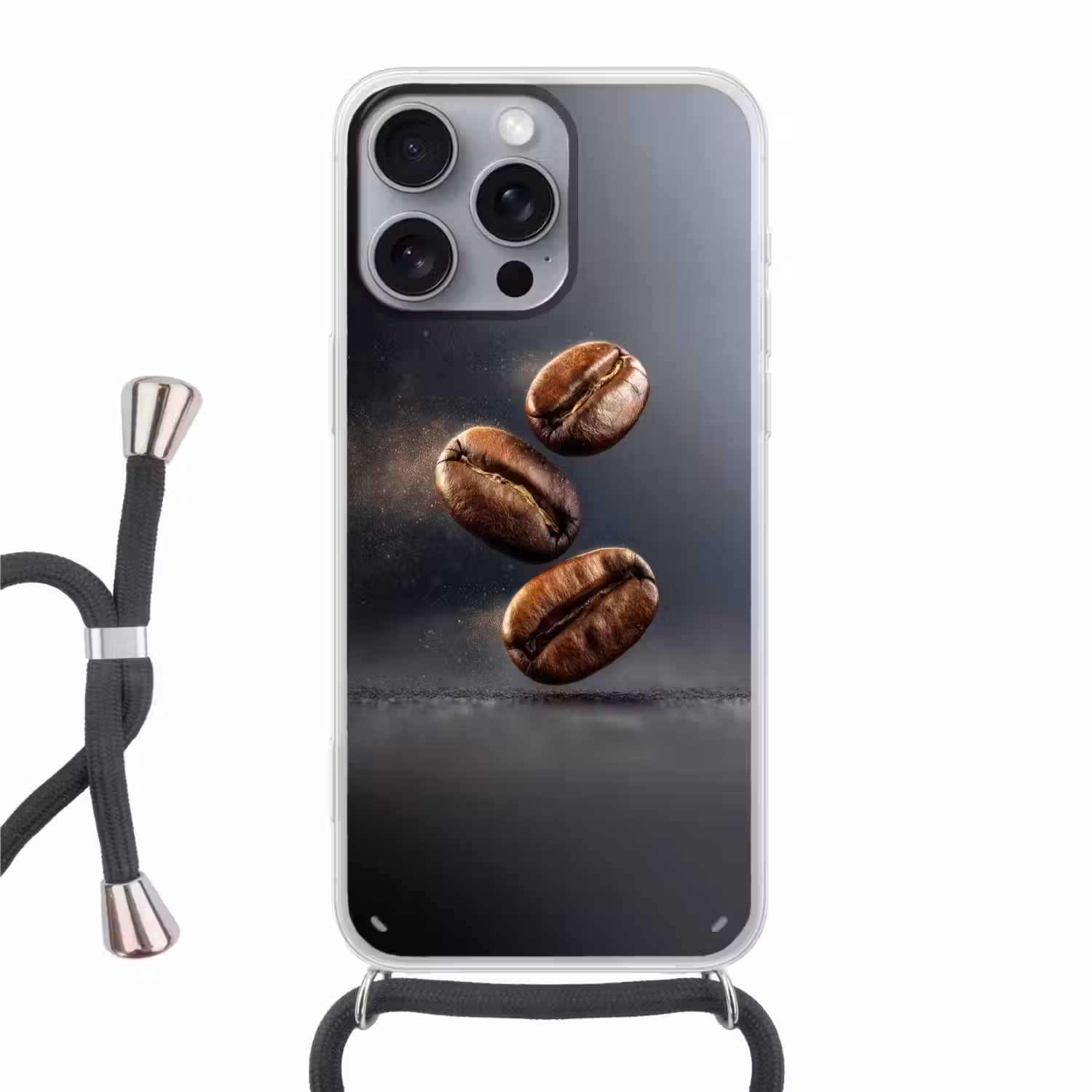 Koffiebonen - Zwevend - Grijs Hoesje iPhone 16 Pro Max met koord klein -3d
