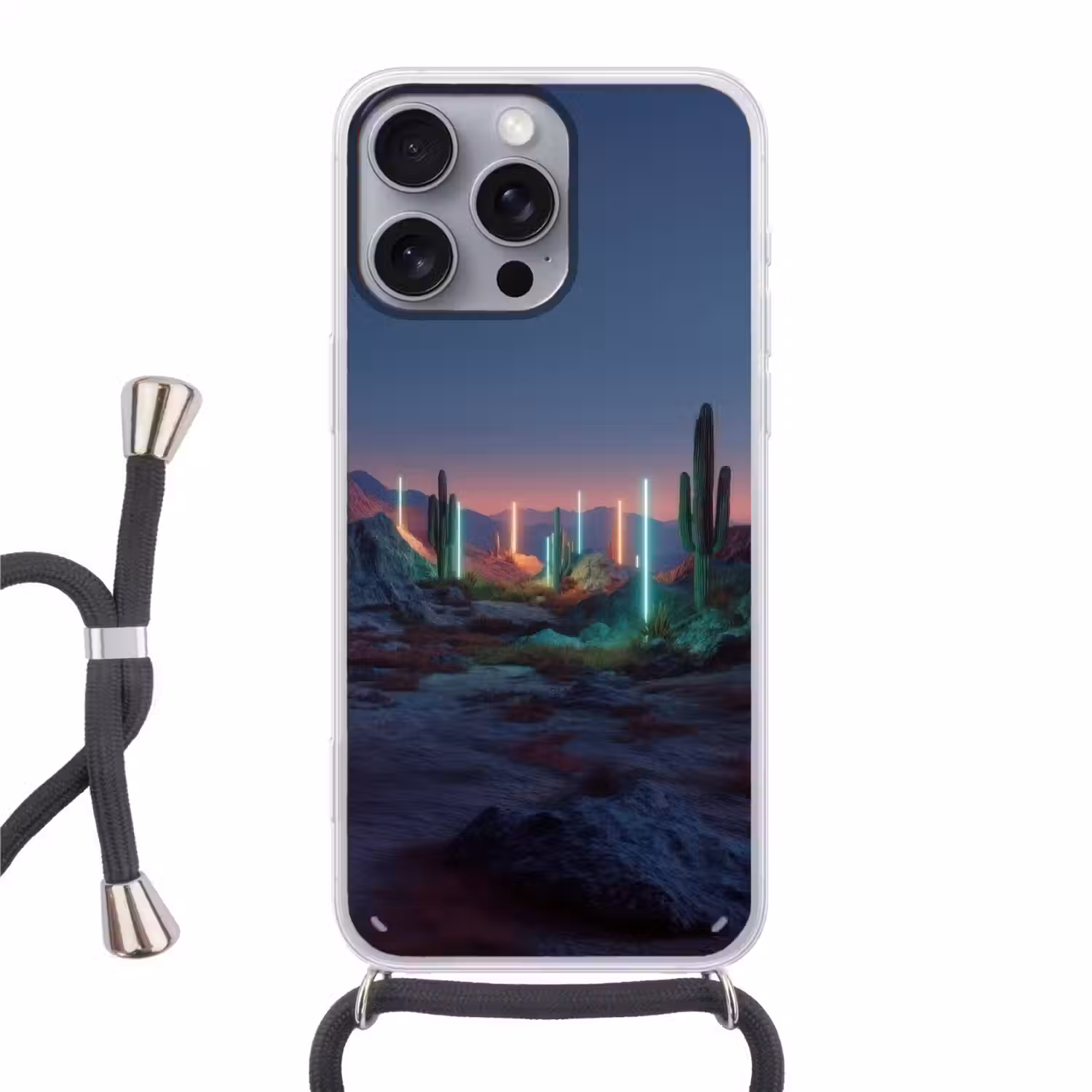 Cactus - Lichtzuilen - Zonsondergang Hoesje iPhone 16 Pro Max met koord klein -3d