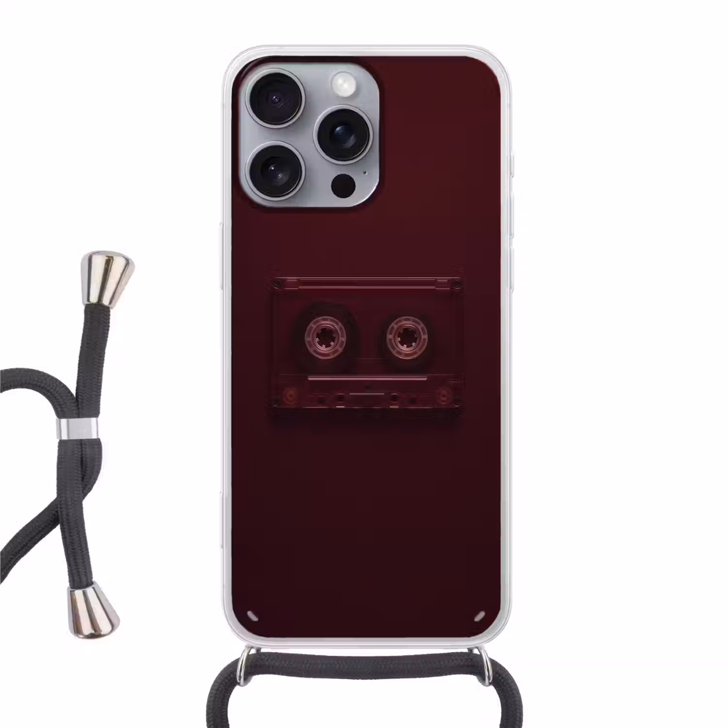 Cassetteband - Bordeaux - Vintage Hoesje iPhone 16 Pro Max met koord klein -3d
