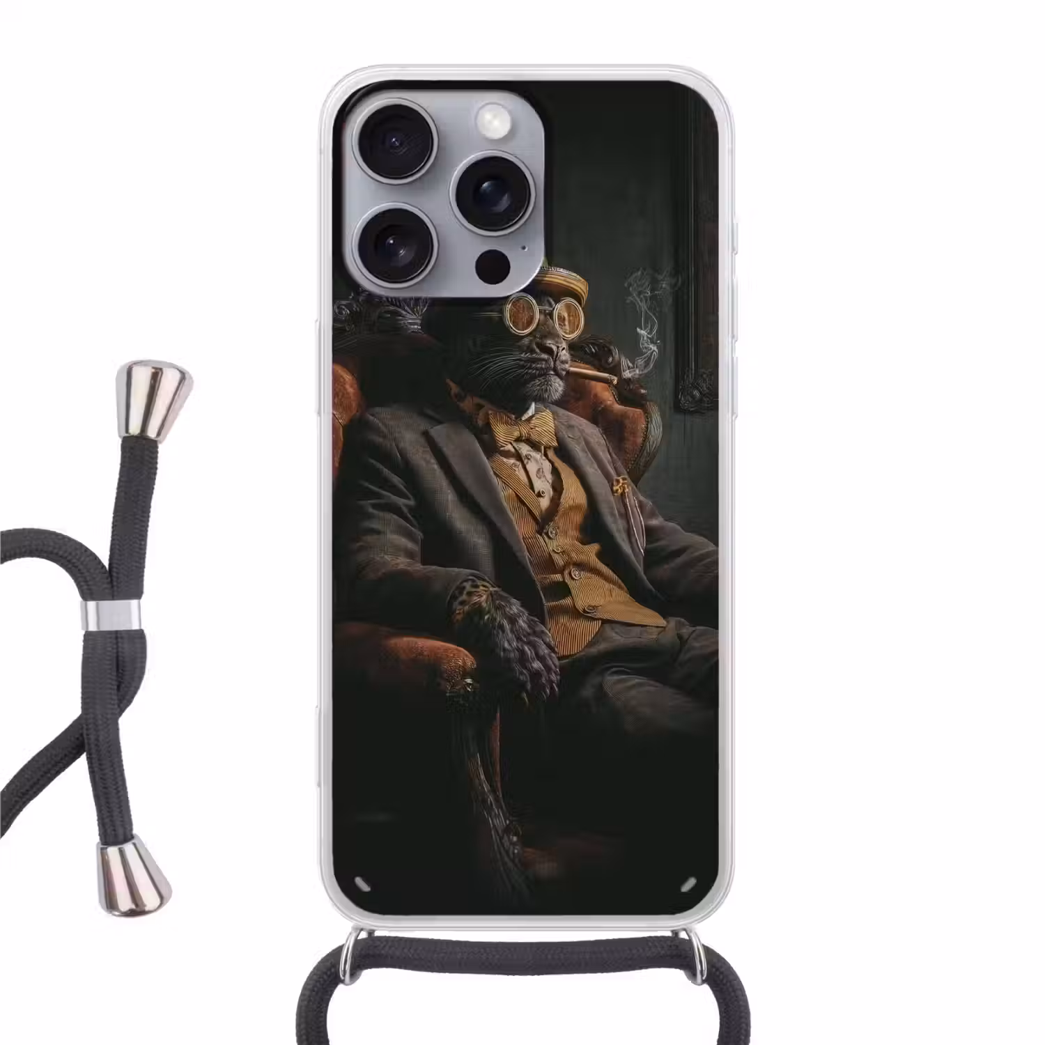 Kat - Pak - Oranje - Sigaar Hoesje iPhone 16 Pro Max met koord klein -3d
