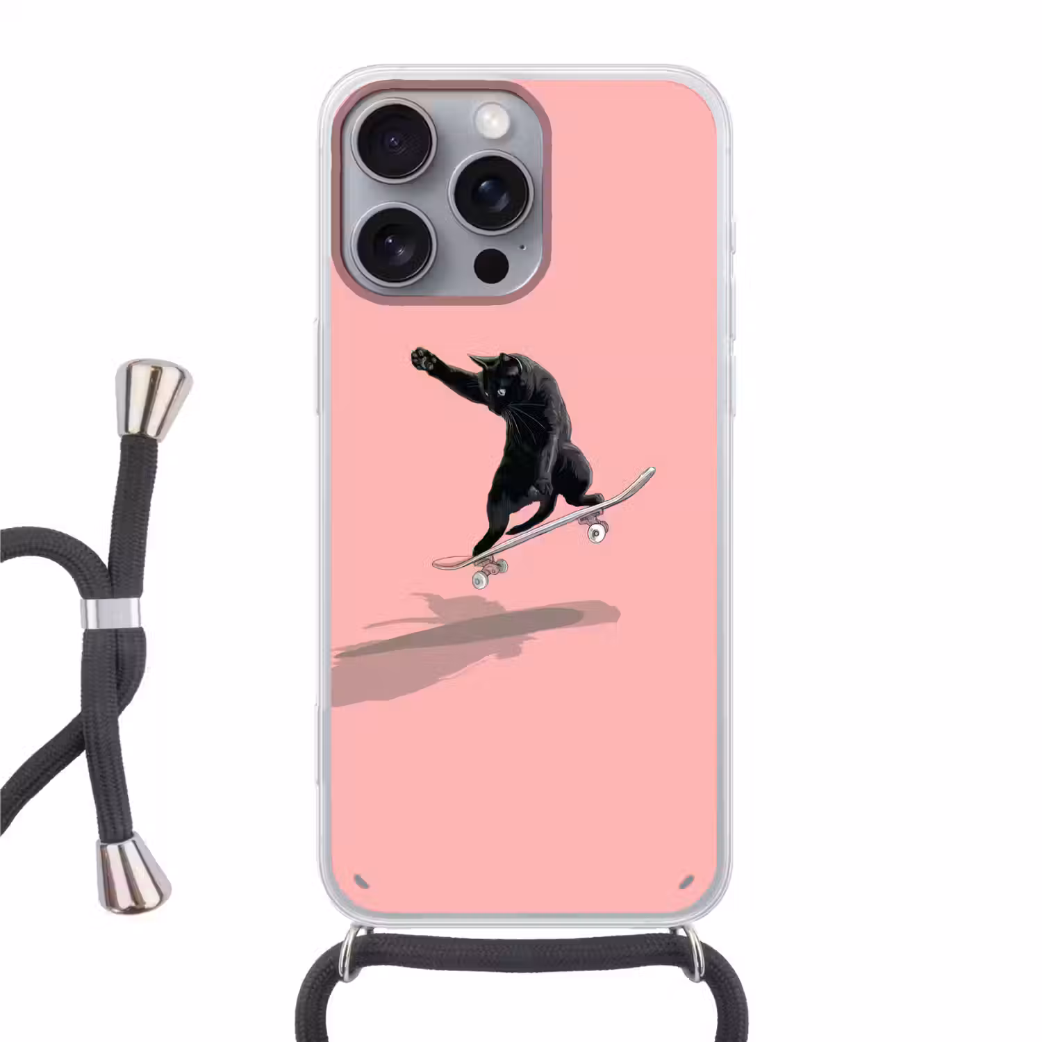 Kat - Skateboard - Roze Hoesje iPhone 16 Pro Max met koord klein -3d