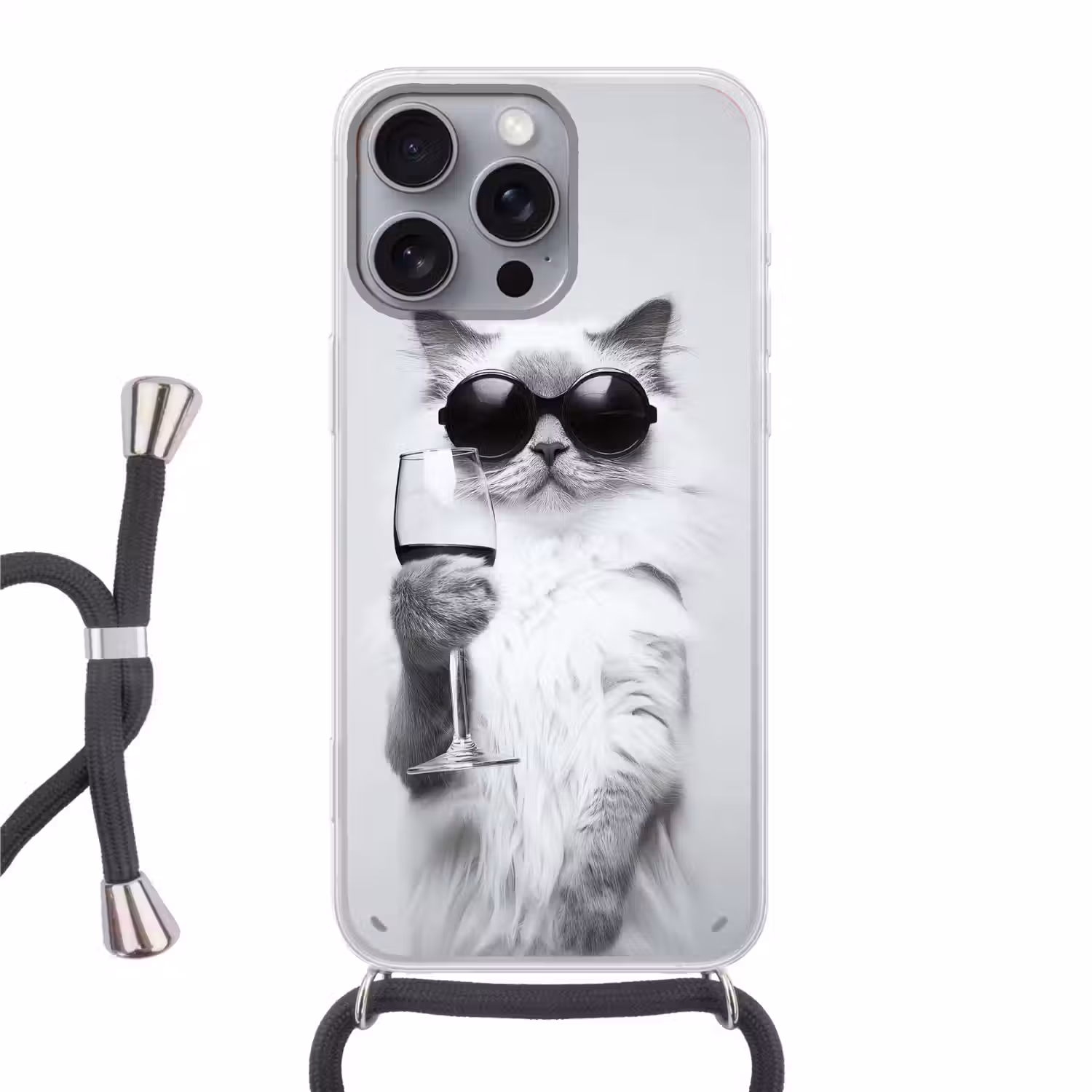 Kat - Zonnebril - Wijnglas - Langharig Hoesje iPhone 16 Pro Max met koord klein -3d