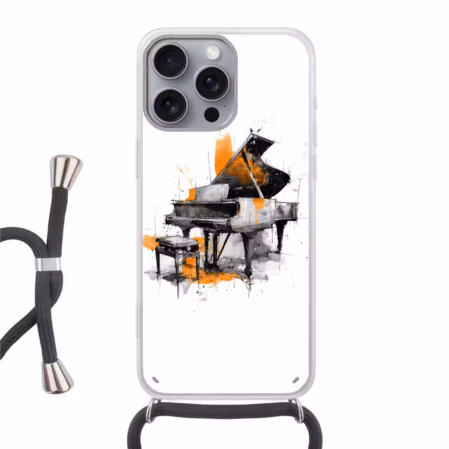 Piano - Oranje - Zwart - schets lijnen Hoesje iPhone 16 Pro Max met koord klein -3d