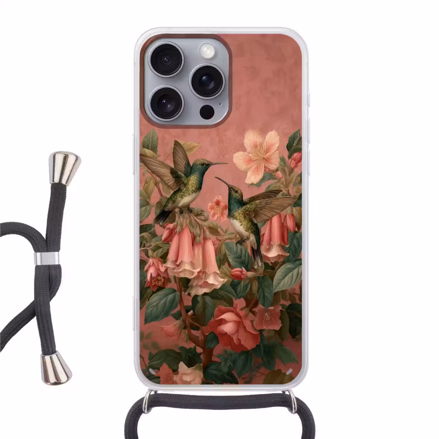 Kolibries - Bloemen - Groen - Roze Hoesje iPhone 16 Pro Max met koord klein -3d