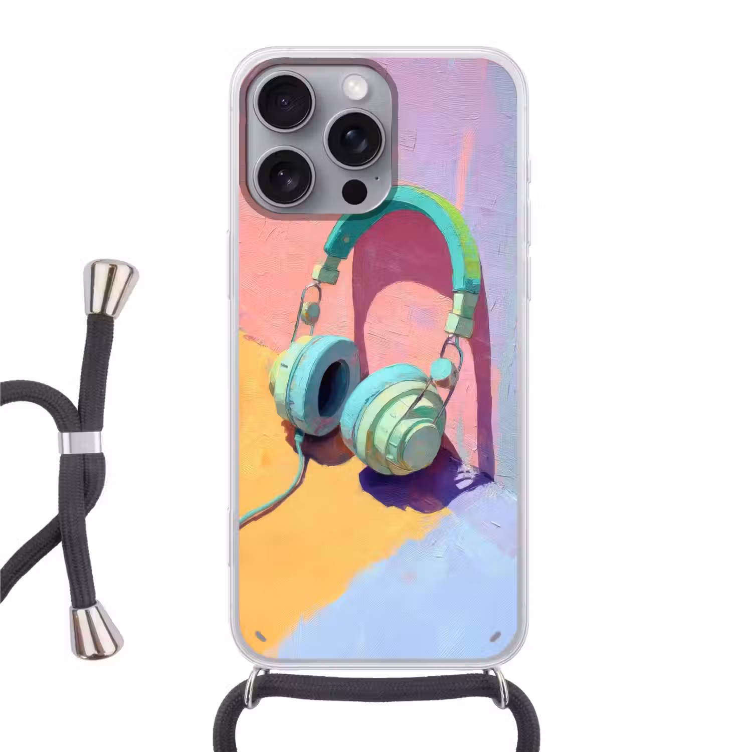 Koptelefoon - Mintgroen - Draad Hoesje iPhone 16 Pro Max met koord klein -3d