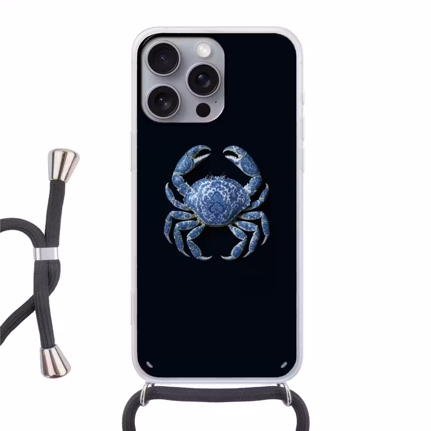 Krab - Delfts blauw - Dieren Hoesje iPhone 16 Pro Max met koord klein -3d