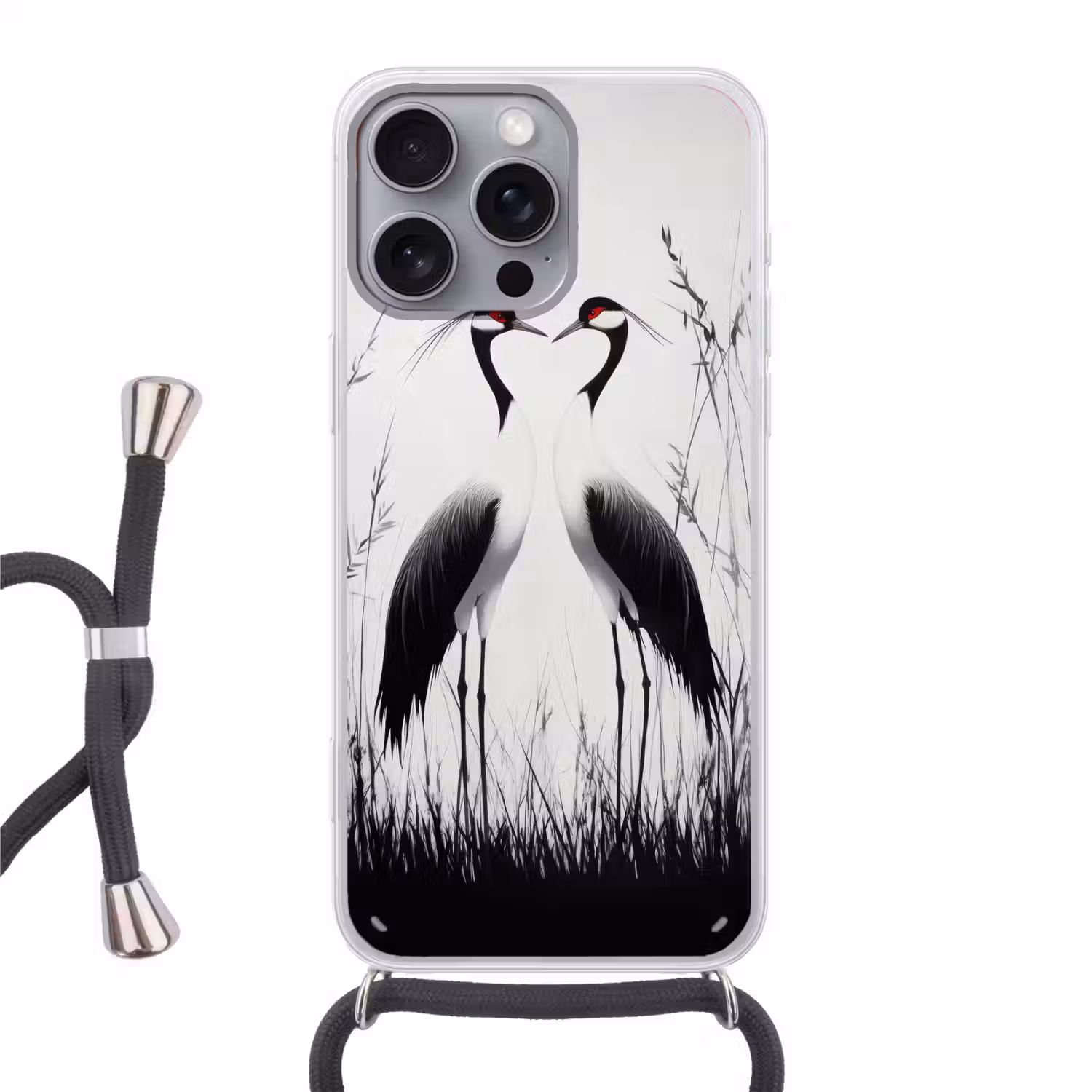 Kraanvogels - Gras - Hartvorm - Zwart Hoesje iPhone 16 Pro Max met koord klein -3d