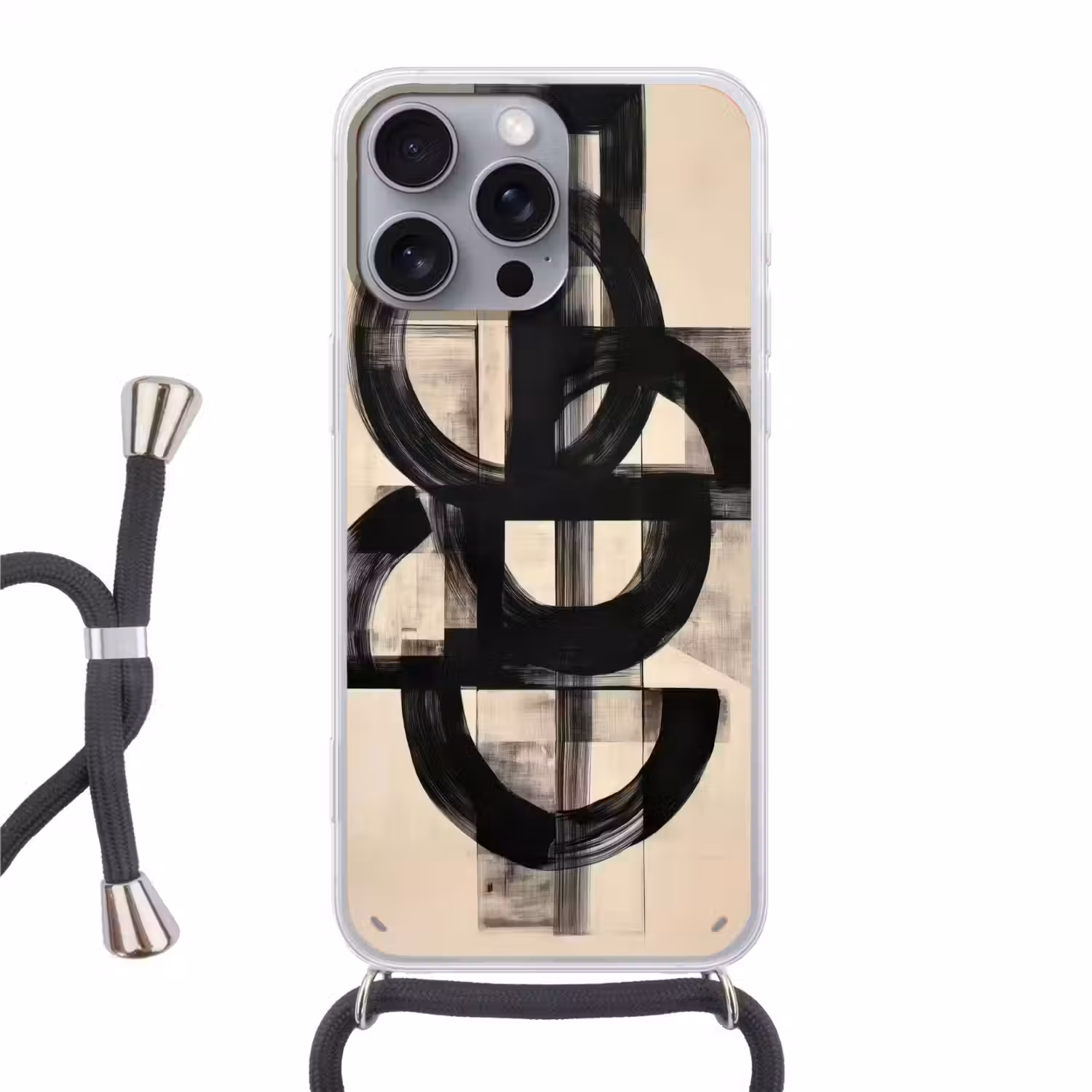 Cirkels - Lijnen - Vormen - Zwart Hoesje iPhone 16 Pro Max met koord klein -3d