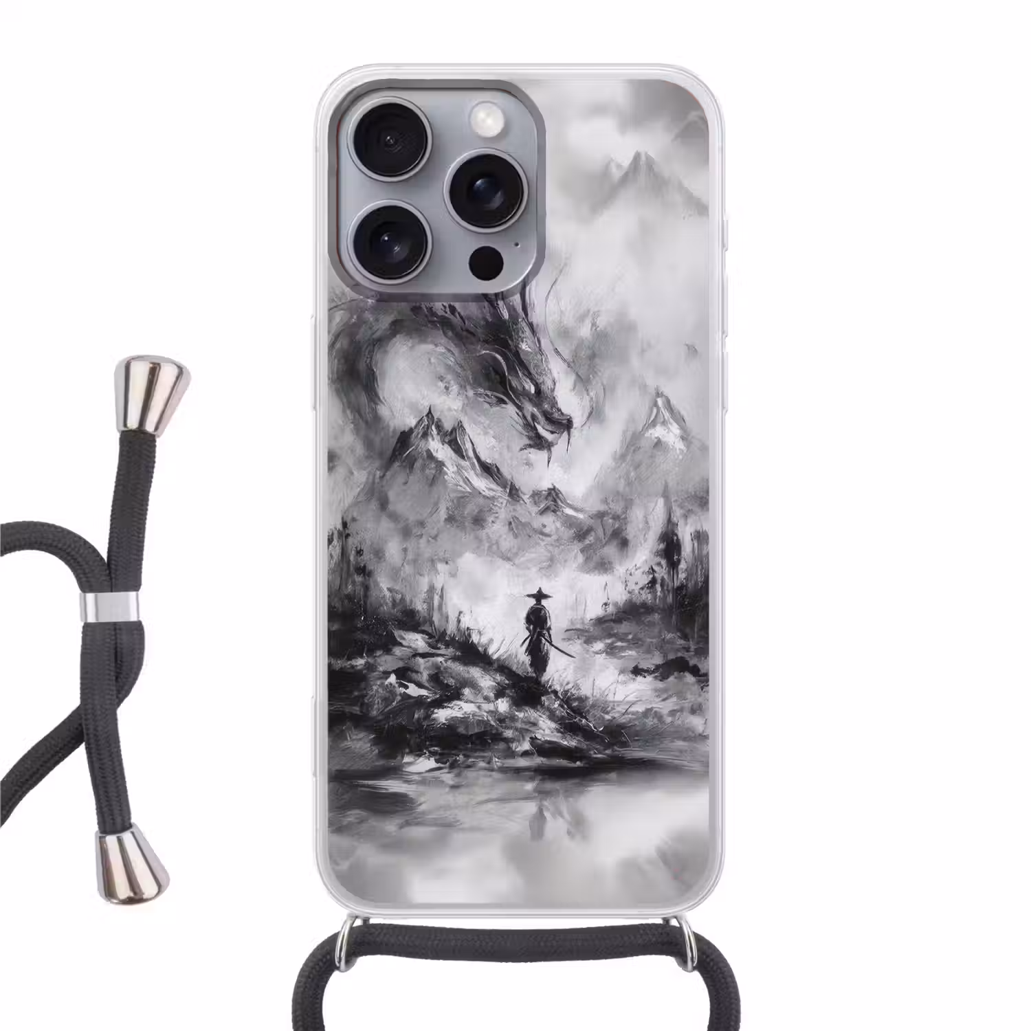Krijger - Draak - Grijs Hoesje iPhone 16 Pro Max met koord klein -3d
