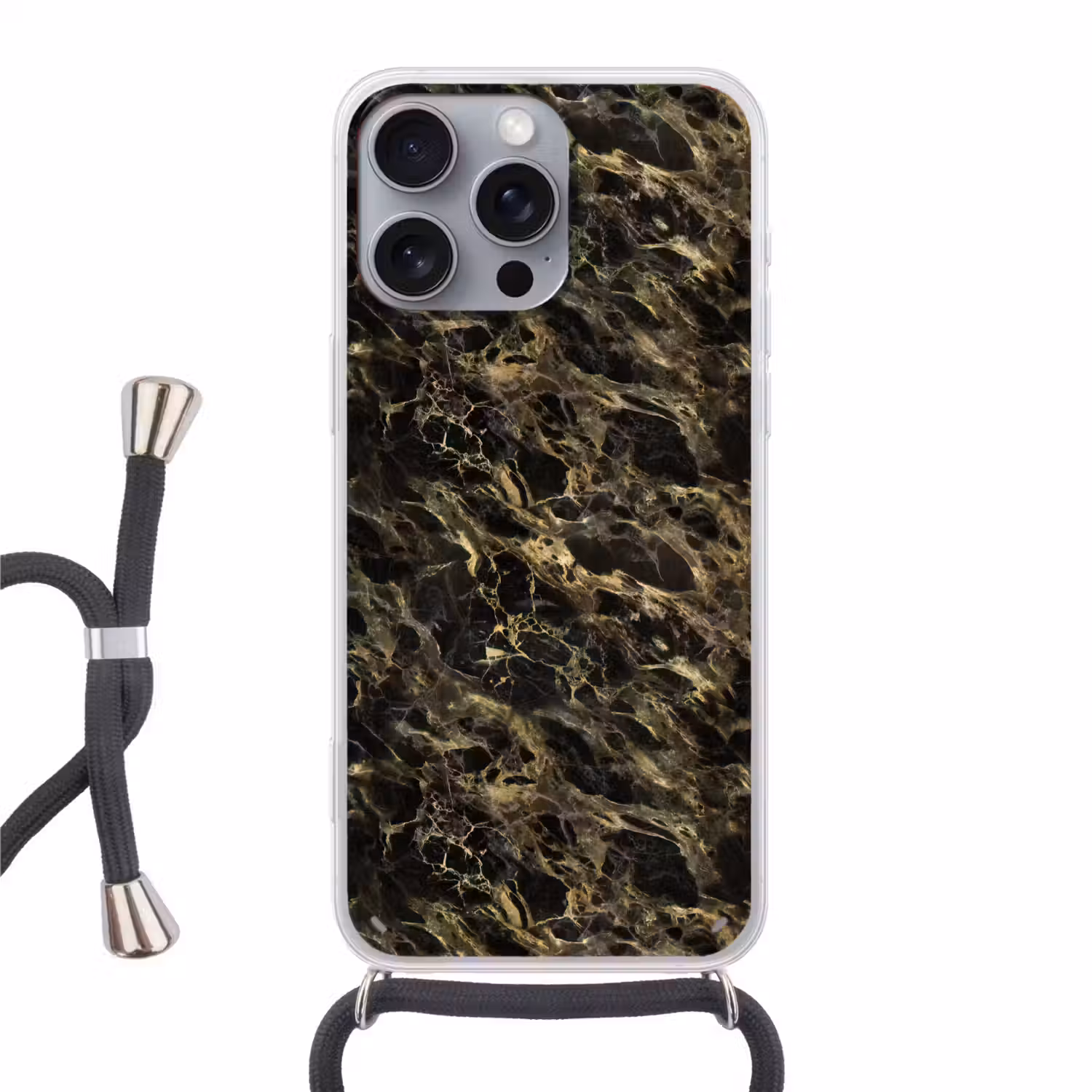 Kristal - Goud - Zwart - Marmer Hoesje iPhone 16 Pro Max met koord klein 804 -3d