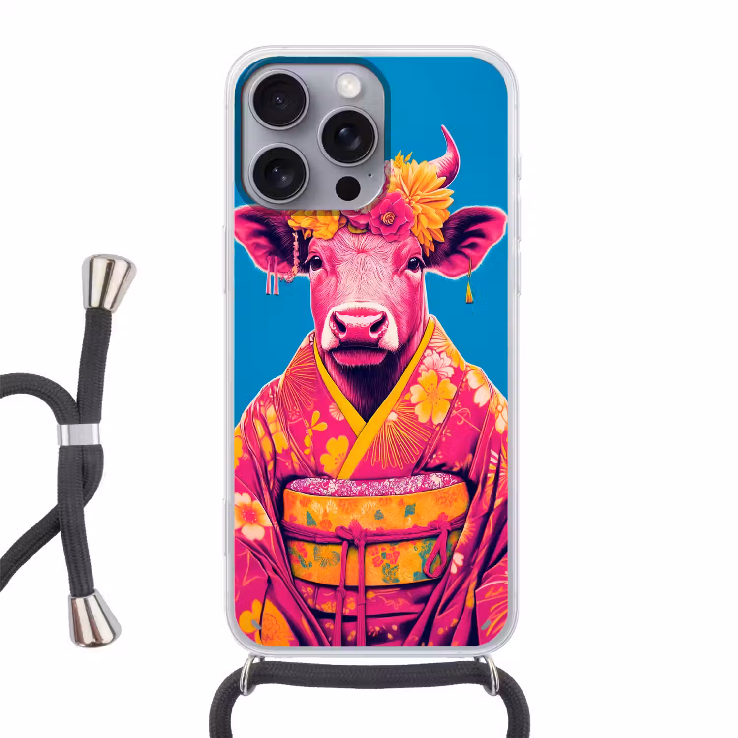 Koe - Bloemenkrans - Oorhangers - Kimono Hoesje iPhone 16 Pro Max met koord klein -3d