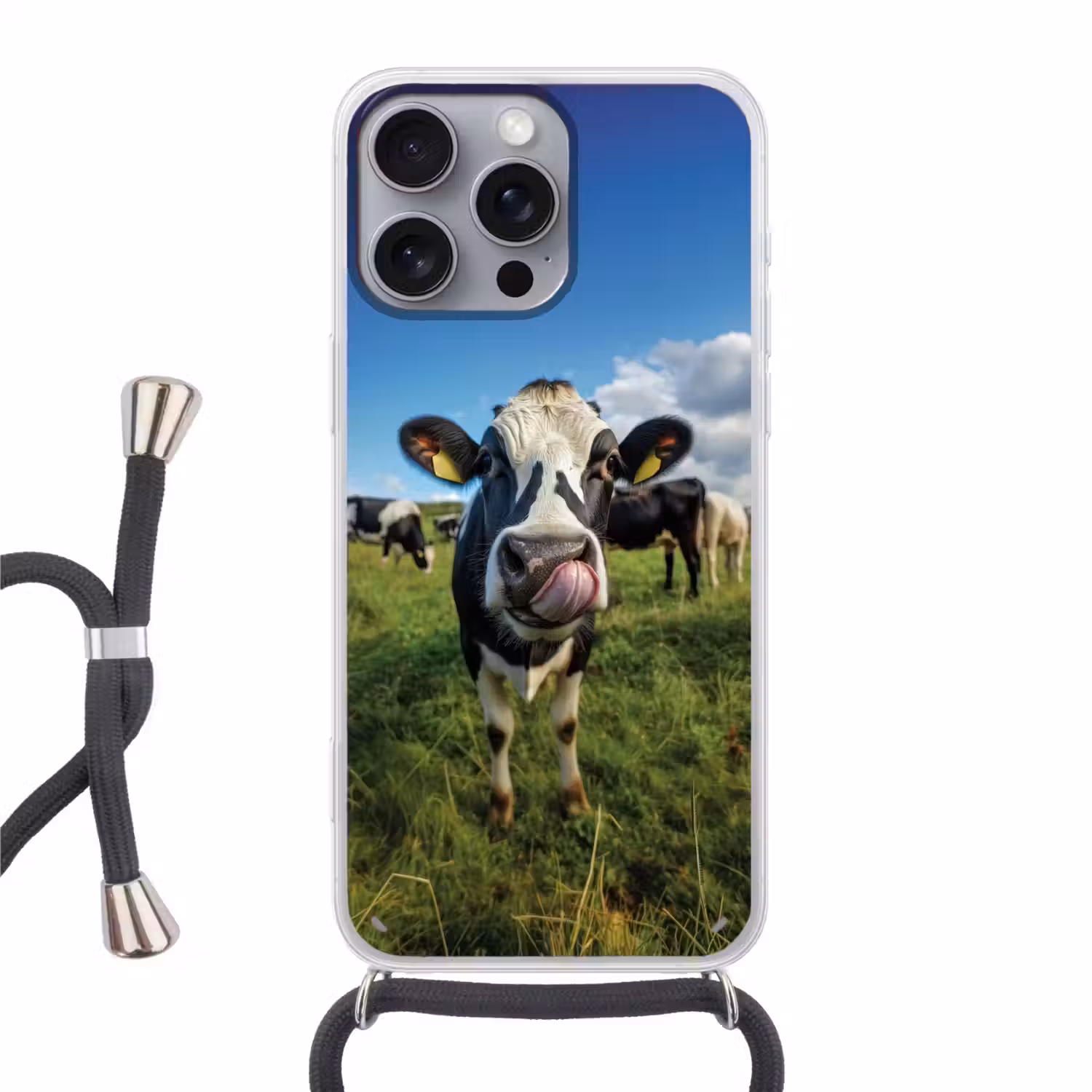Koe - Tong - Weide Hoesje iPhone 16 Pro Max met koord klein -3d
