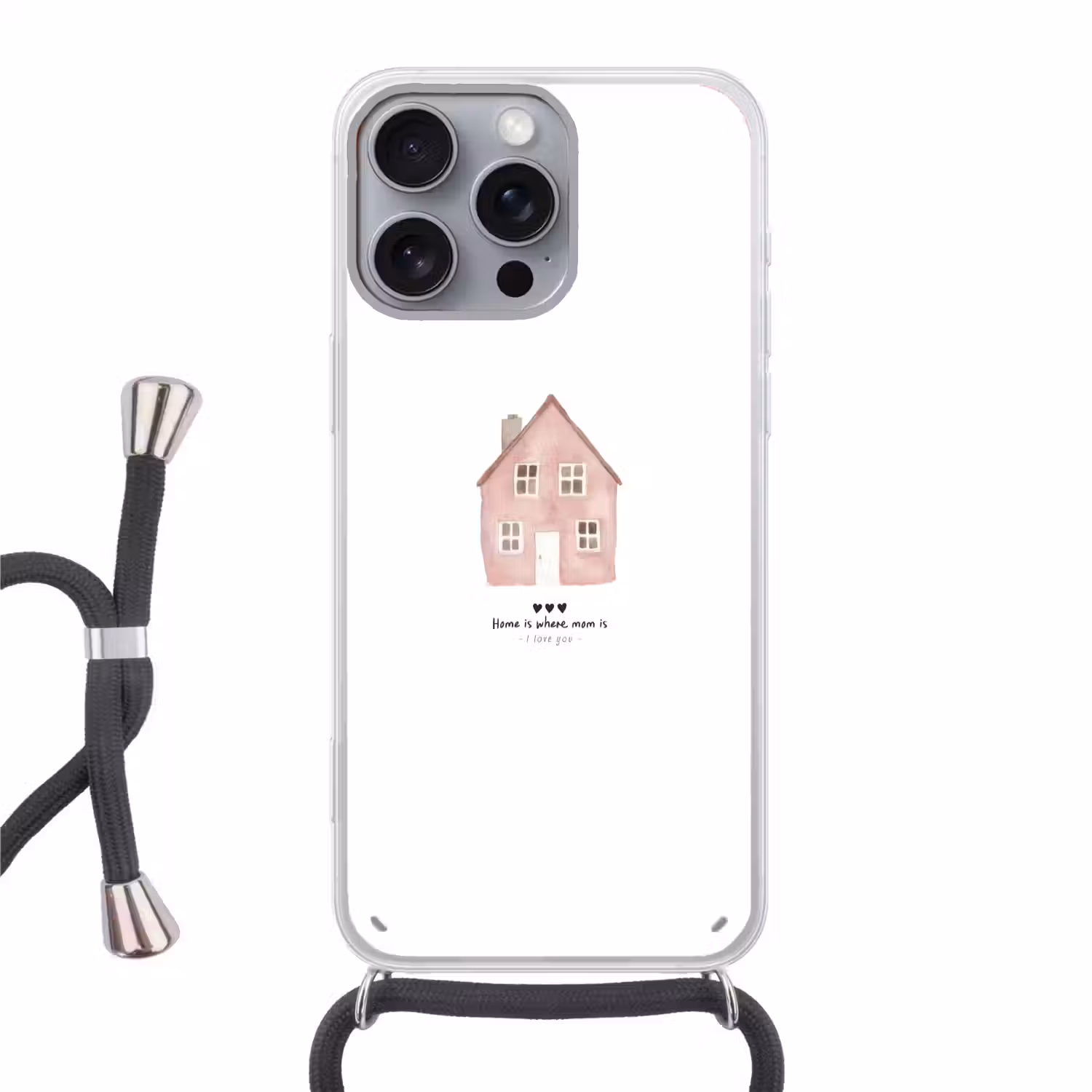 Huisje - Roze - Quote - Moeder Hoesje iPhone 16 Pro Max met koord klein -3d