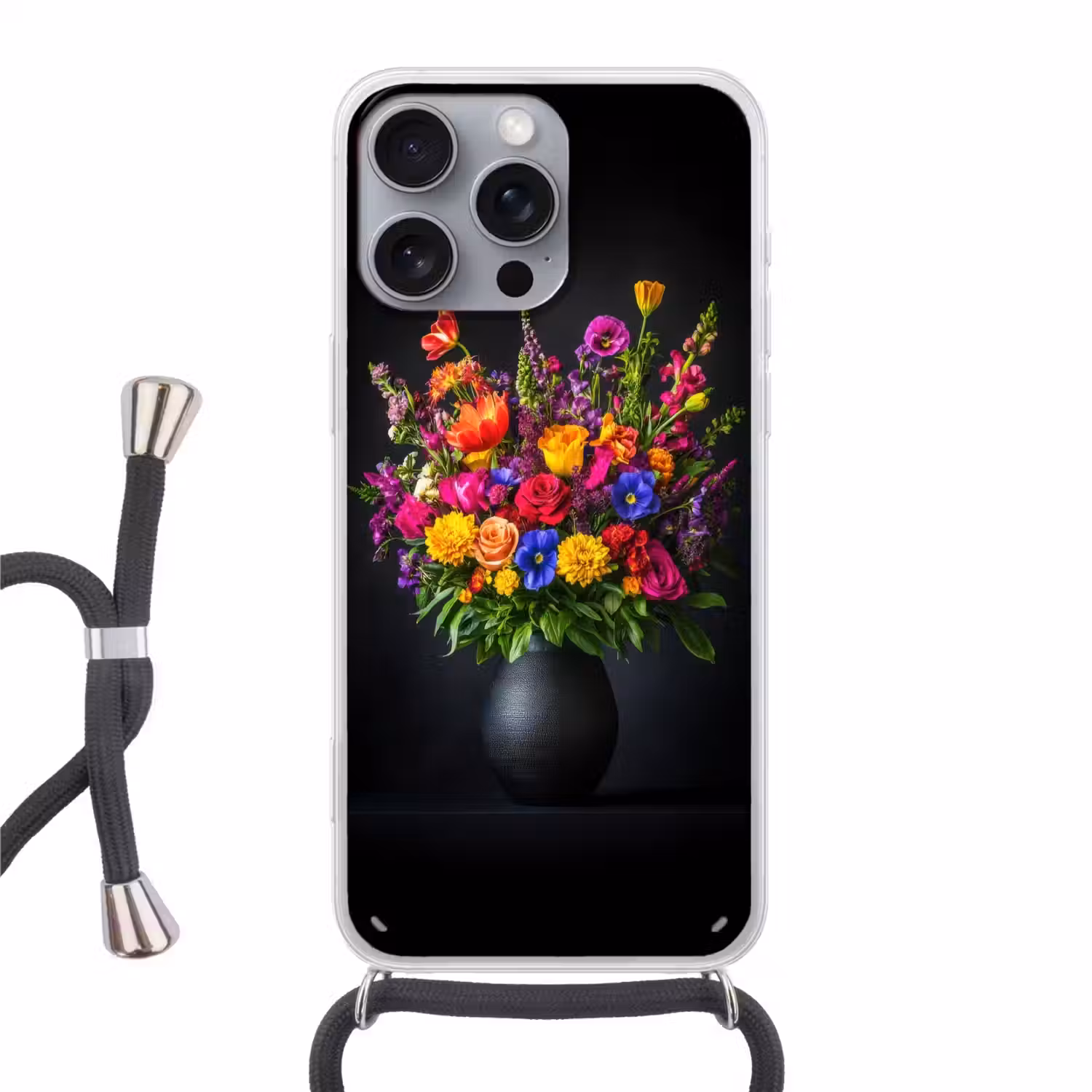 Felgekleurd - Bloemen - Vaas Hoesje iPhone 16 Pro Max met koord klein -3d