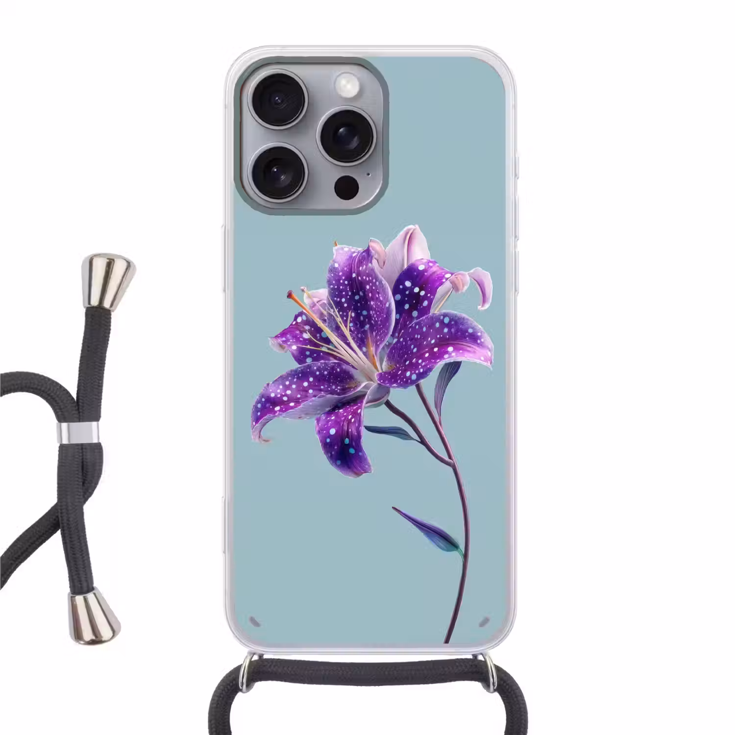 Lelie - Bloem - Paars - Stippen Hoesje iPhone 16 Pro Max met koord klein -3d