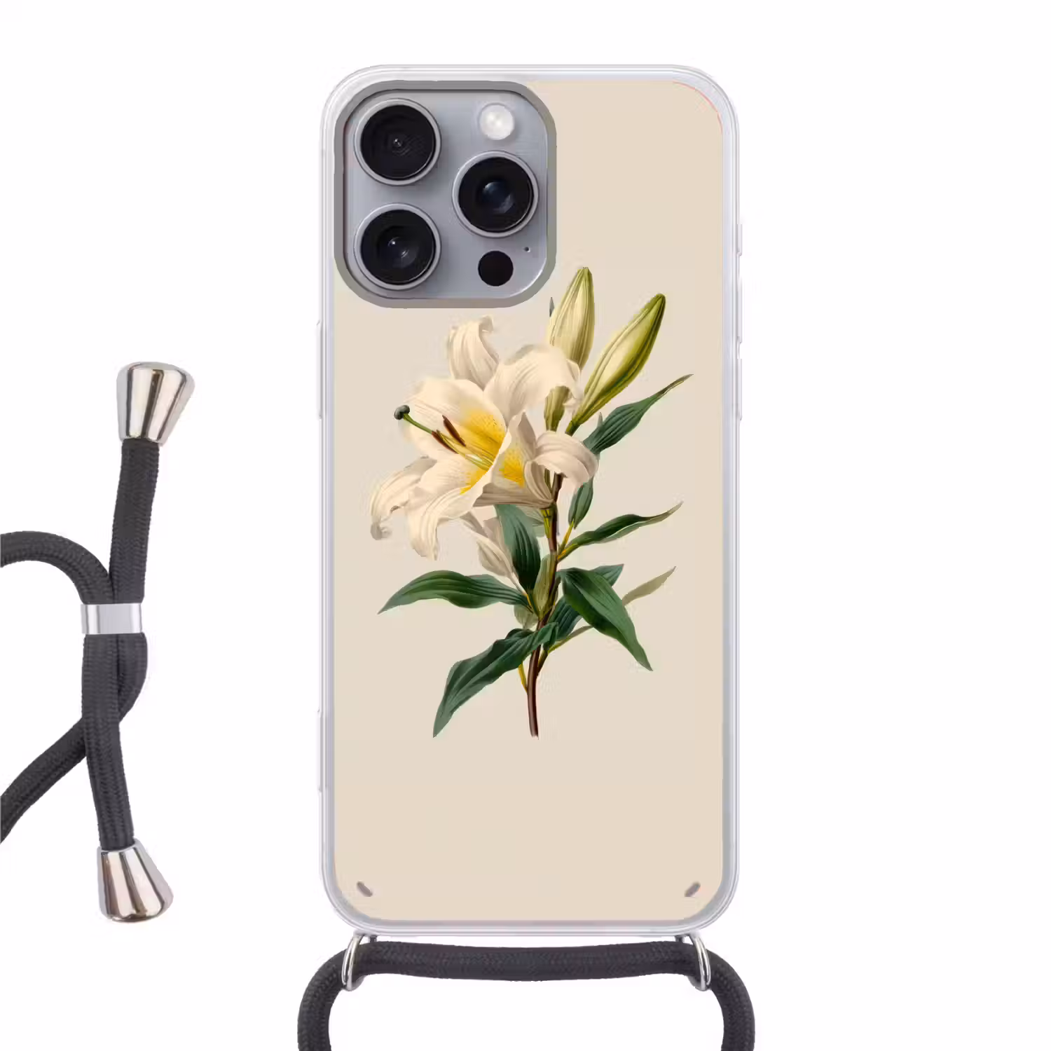 Lelie - Elegant - Botanisch - Beige Hoesje iPhone 16 Pro Max met koord klein -3d
