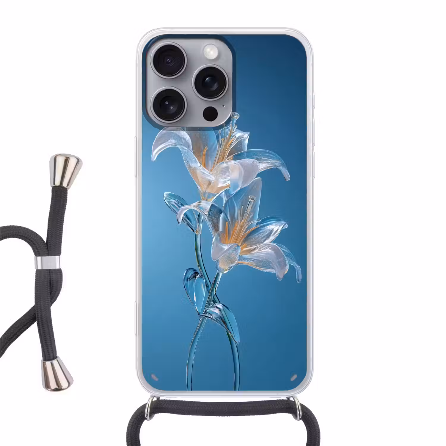 Lelies - Blauw - Glazen Hoesje iPhone 16 Pro Max met koord klein -3d