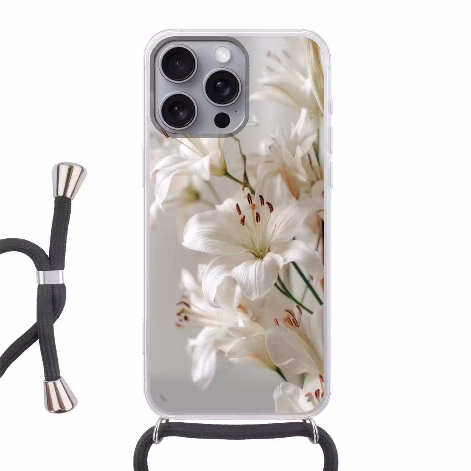 Lelies - Boekte - Wit - Meeldraden Hoesje iPhone 16 Pro Max met koord klein -3d