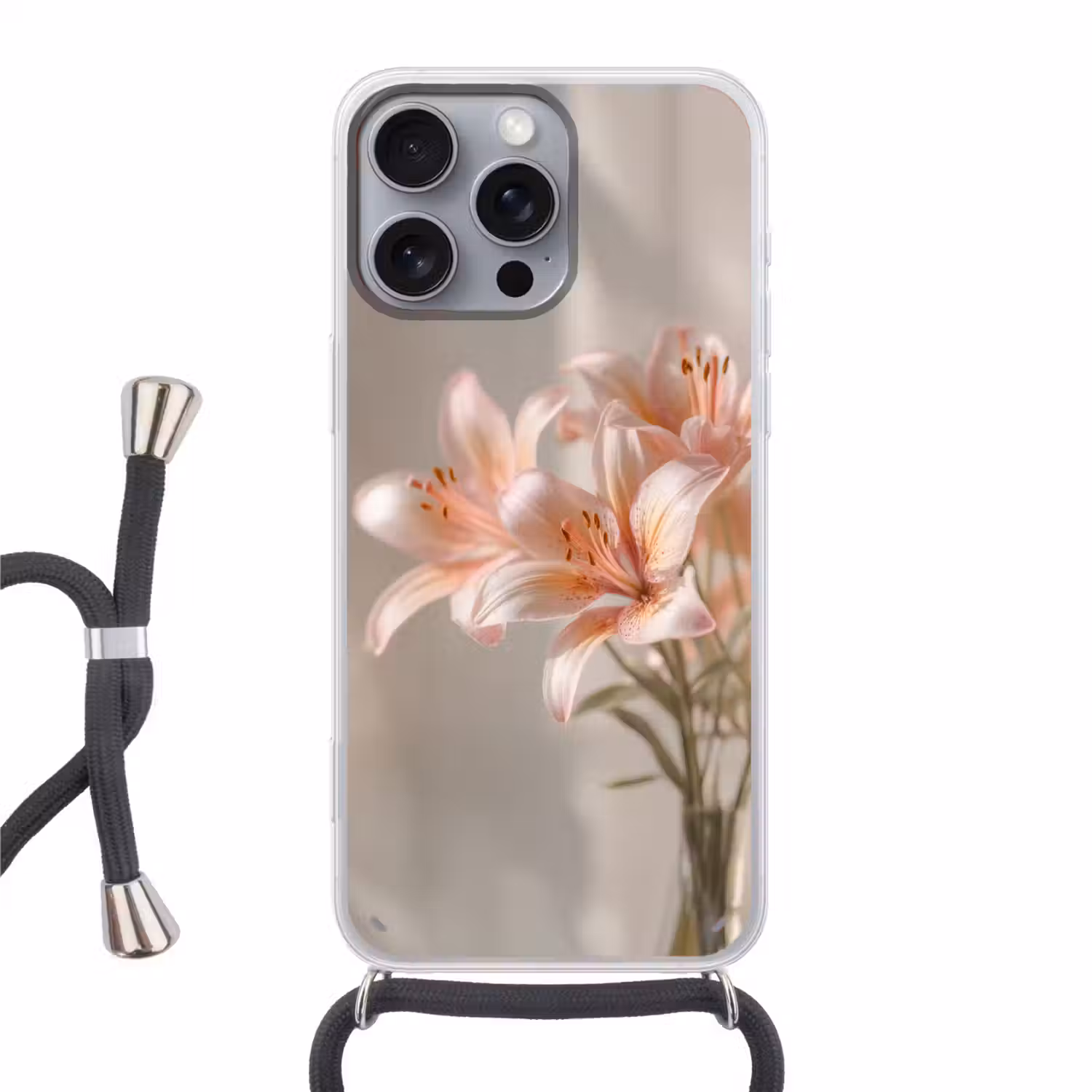 Lelies - Meeldraden - Roze - Wazig Hoesje iPhone 16 Pro Max met koord klein -3d
