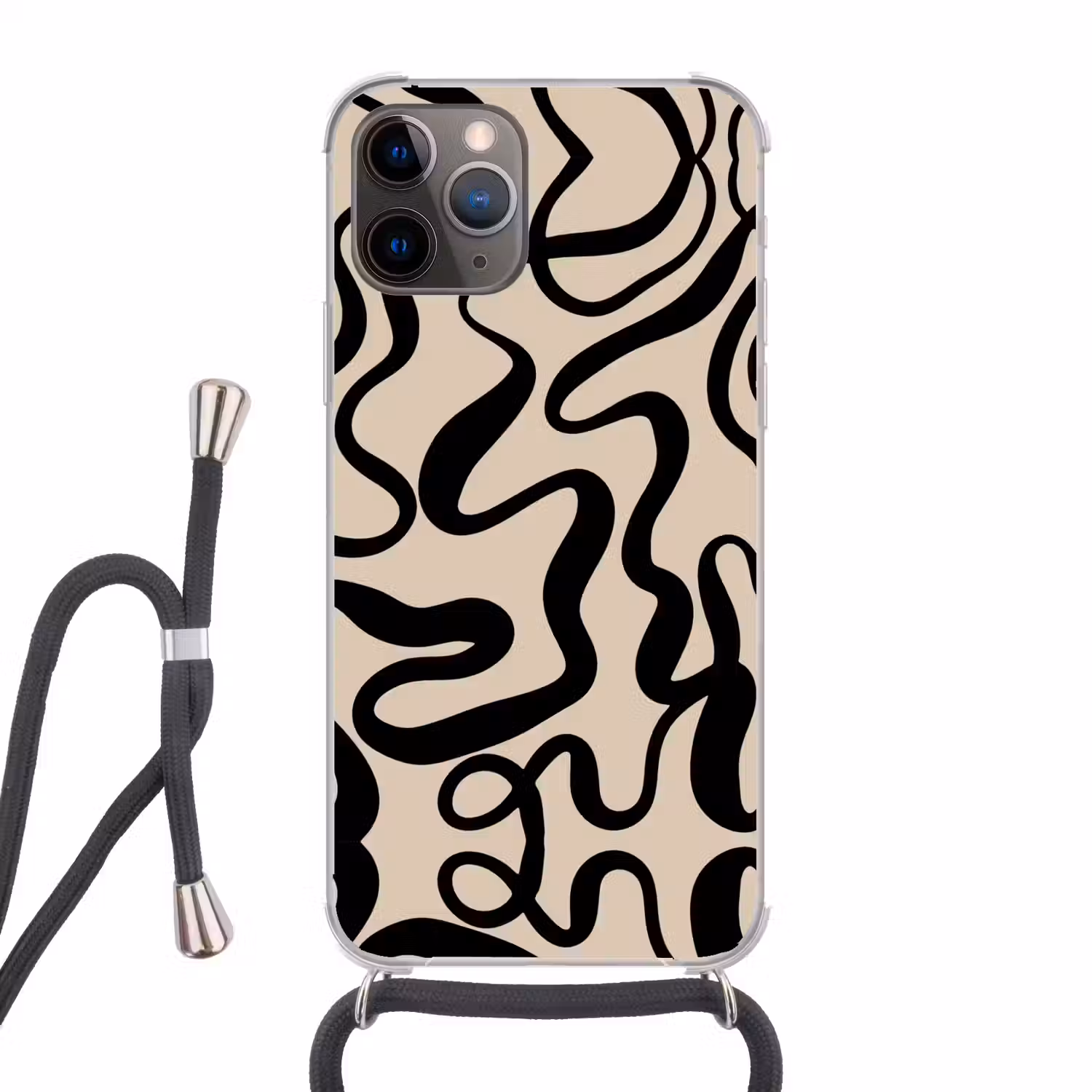 Lijnen - Zwart - Beige - Abstract - Minimalistisch Hoesje iPhone 12 Pro met koord klein -3d