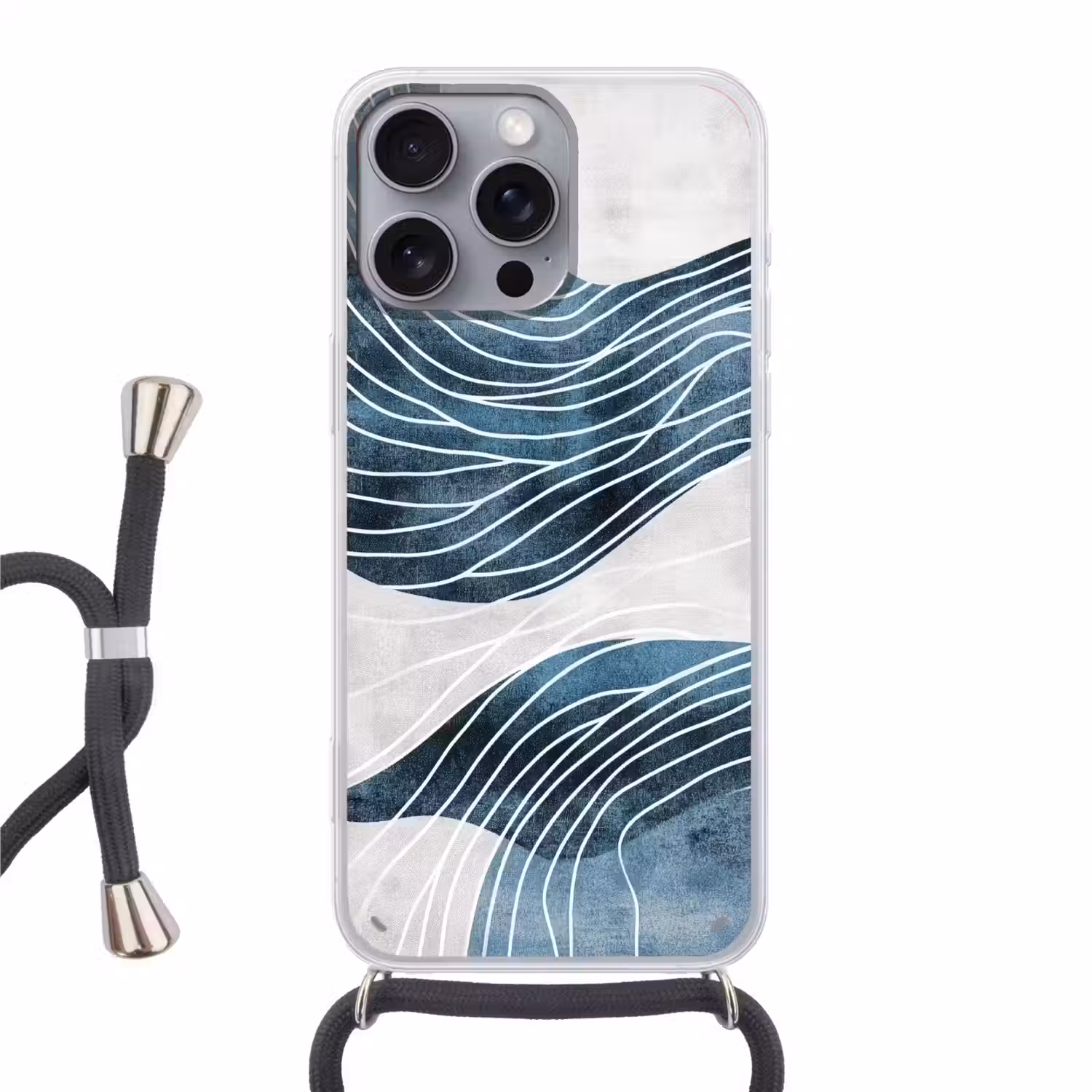 Lijnen - Golven - Abstract - Blauw Hoesje iPhone 16 Pro Max met koord klein -3d