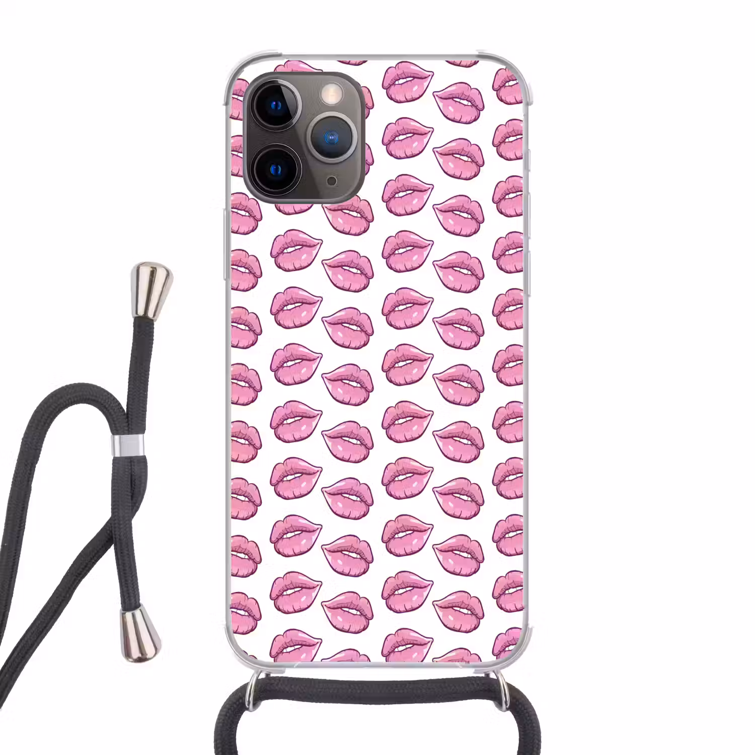 Lippen - Patroon - Roze - Wit Hoesje iPhone 12 Pro met koord klein -3d