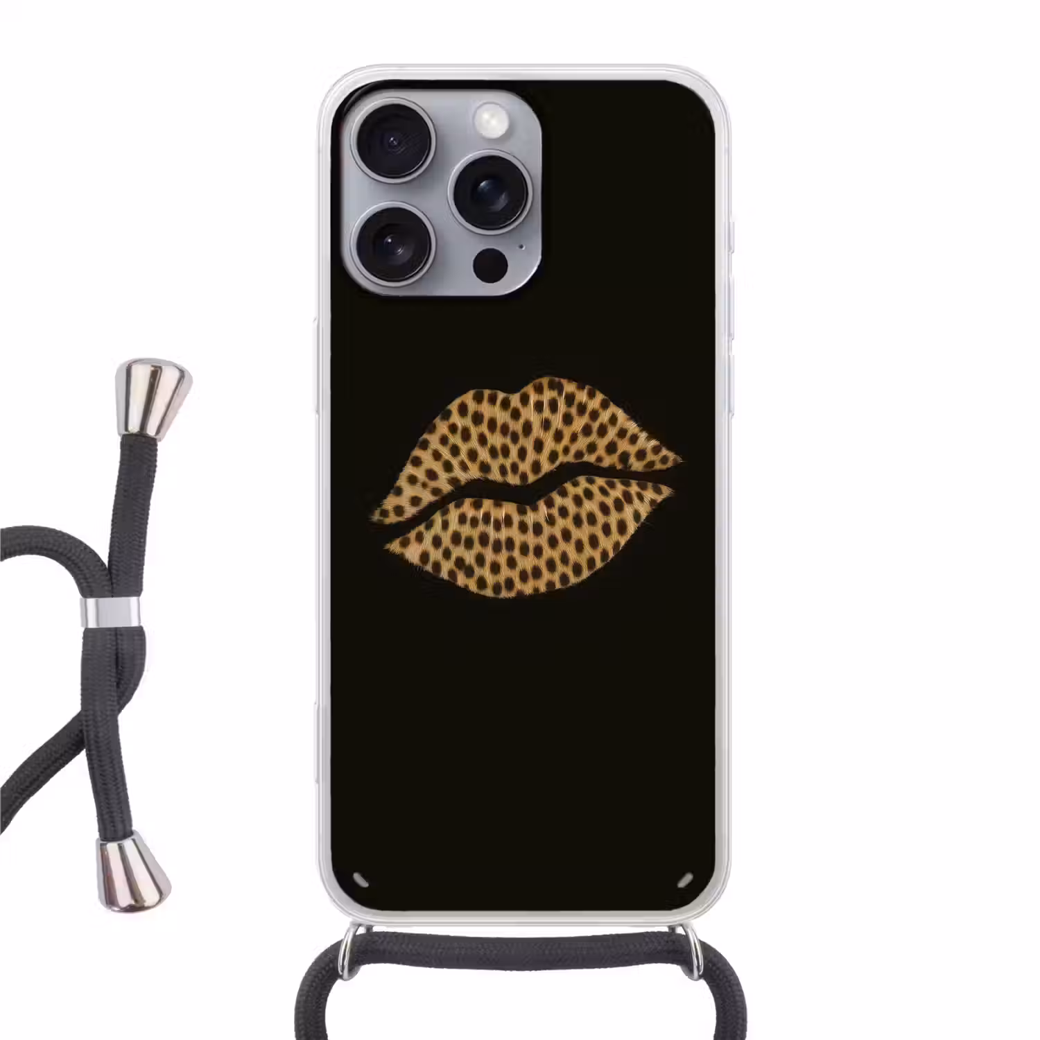 lip - Zwart - Panterprint Hoesje iPhone 16 Pro Max met koord klein -3d
