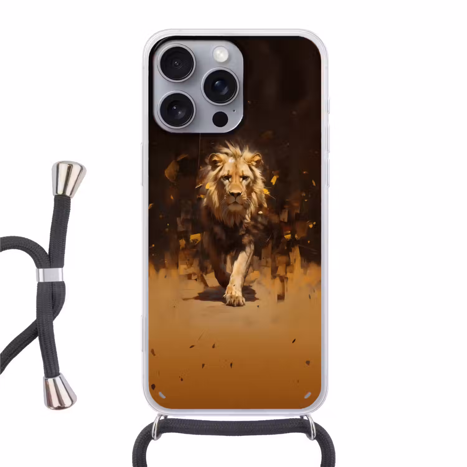 Leeuw - Geschilderd - Abstract - Goud Hoesje iPhone 16 Pro Max met koord klein -3d