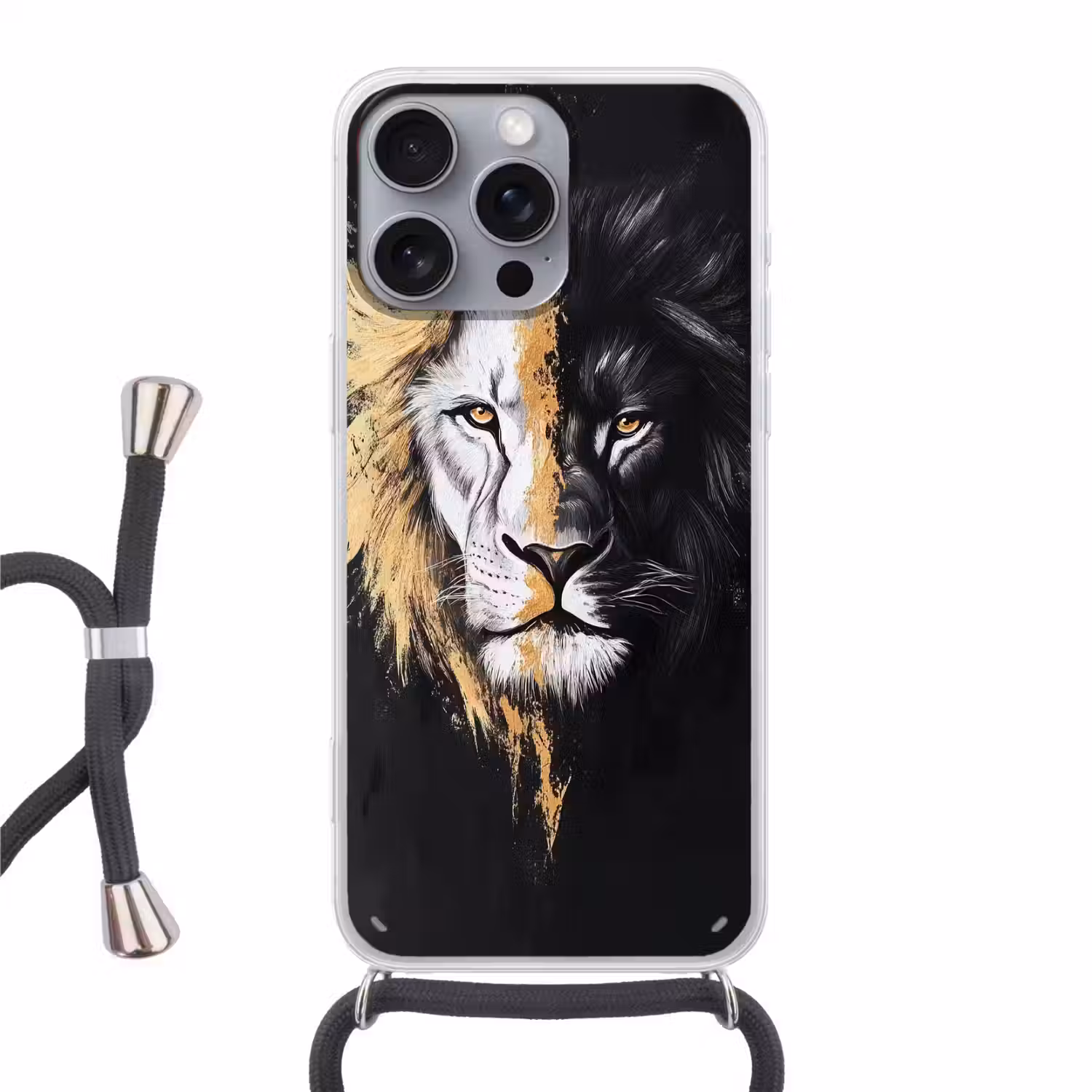 Leeuw - Gesplitst - Zwart - Lijn Hoesje iPhone 16 Pro Max met koord klein -3d