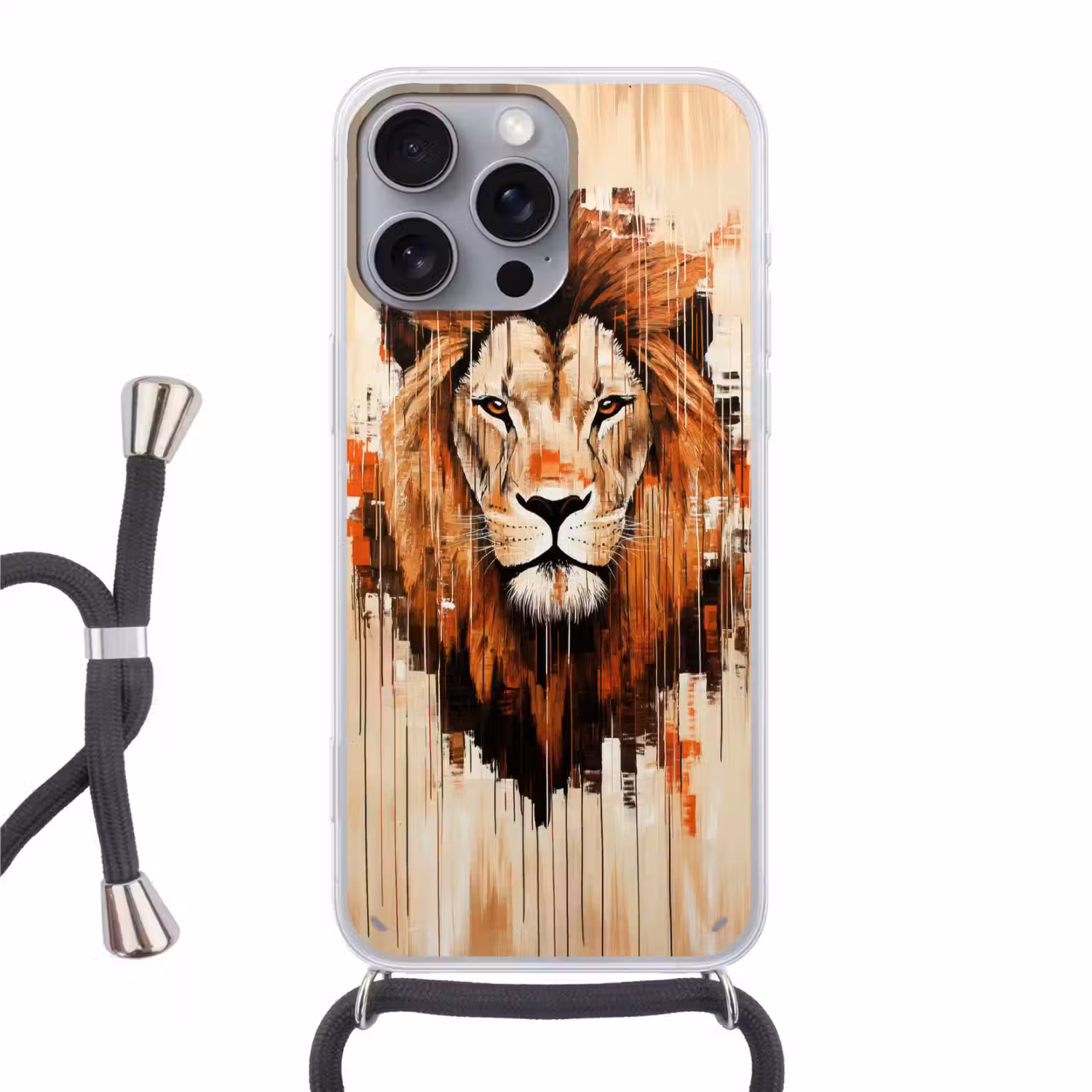 Leeuwenkop - Lijnen - Crème Hoesje iPhone 16 Pro Max met koord klein -3d