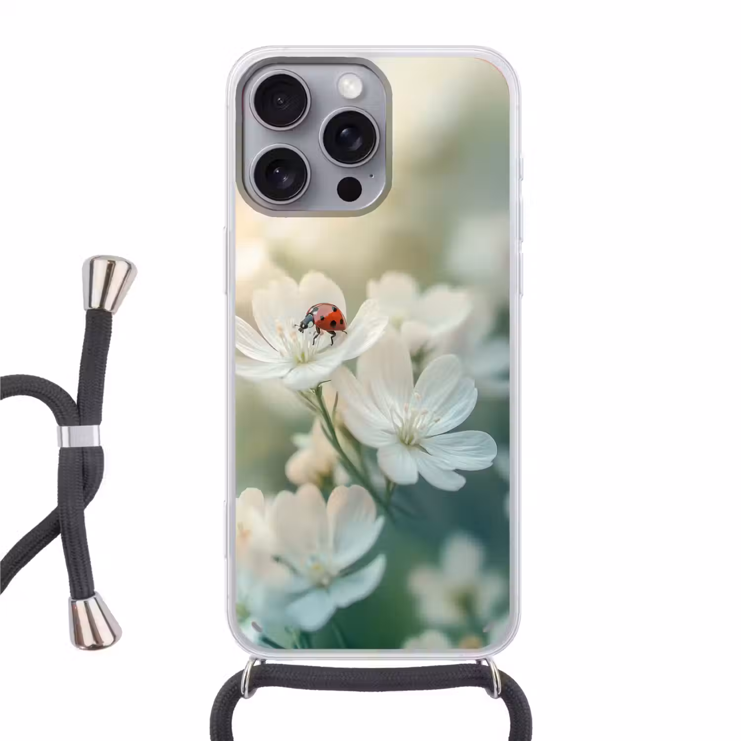 Lieveheersbeestje - Bloemen - Wit Hoesje iPhone 16 Pro Max met koord klein -3d