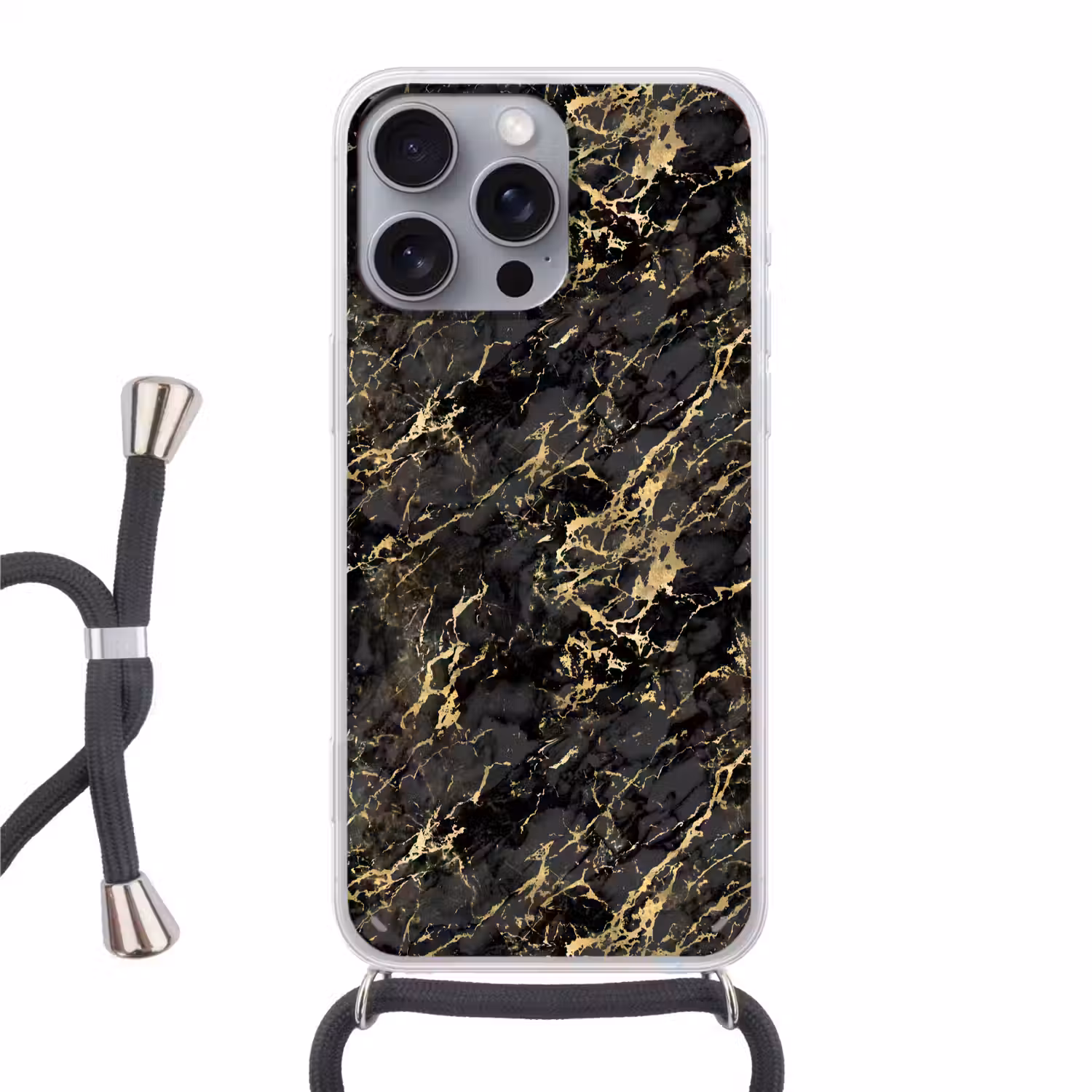 Marmer - Zwart - Goudstructuur Hoesje iPhone 16 Pro Max met koord klein 804 -3d