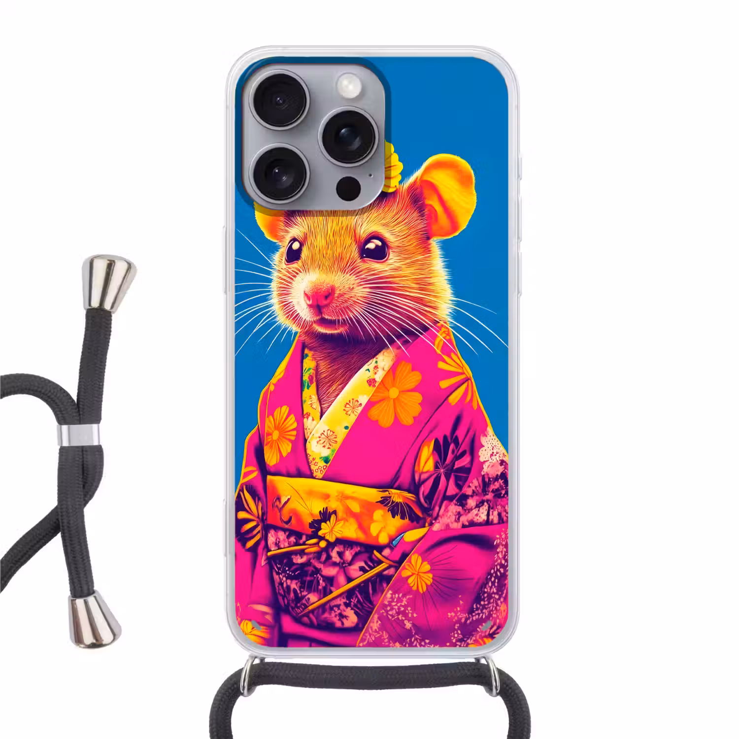 Muis - Kimono - Bloemen - Blauw Hoesje iPhone 16 Pro Max met koord klein -3d