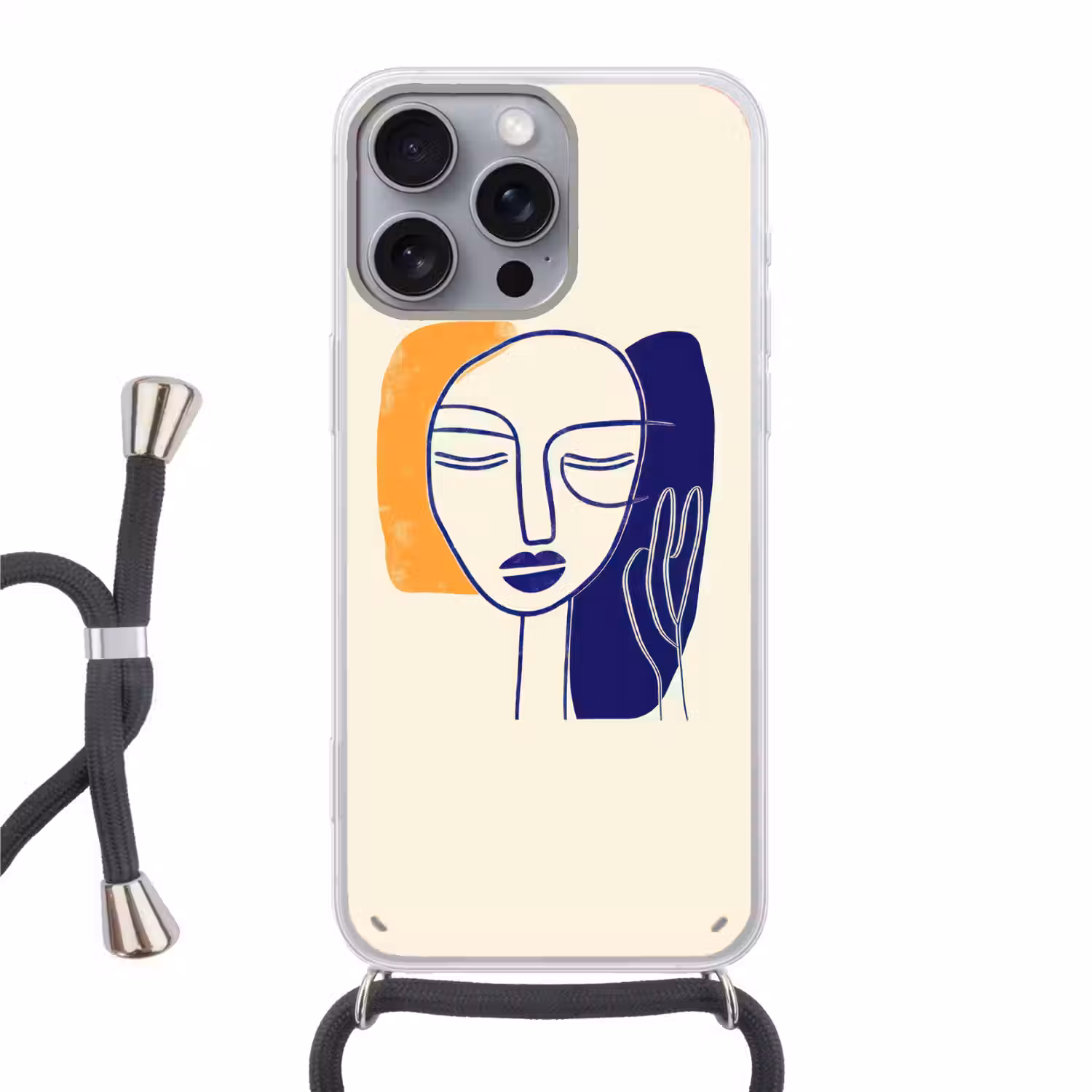 Minimalistisch - Gezicht - Hand - Oranje - Blauw Hoesje iPhone 16 Pro Max met koord klein -3d
