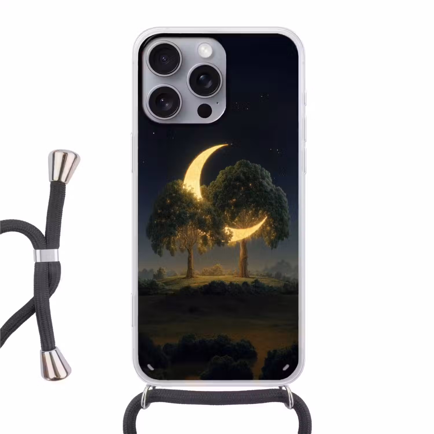 Maan - Bomen - Rust Hoesje iPhone 16 Pro Max met koord klein -3d