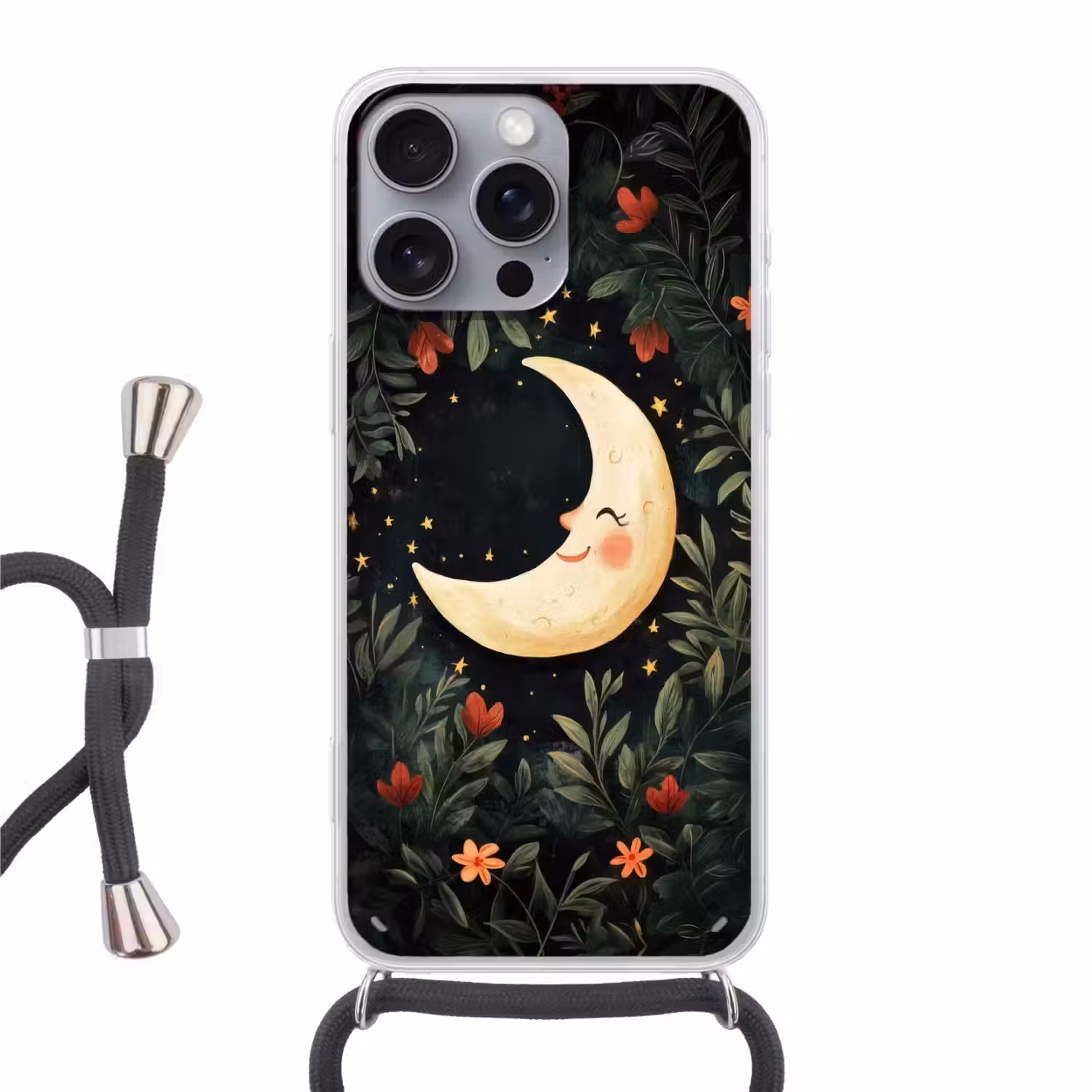 Maan - Bloemen - Nachthemel Hoesje iPhone 16 Pro Max met koord klein -3d