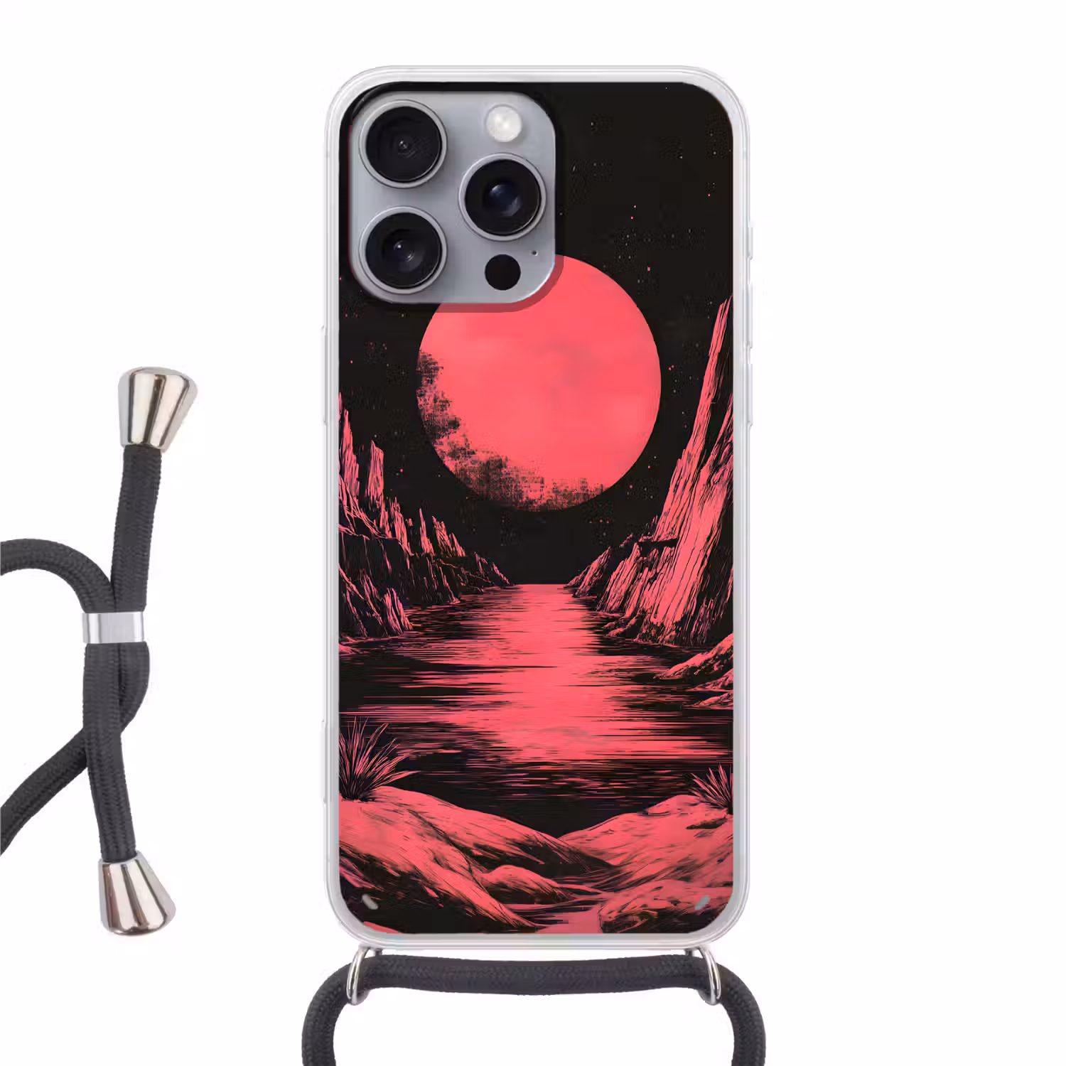Maan - Felroze - Bergen - Rivier Hoesje iPhone 16 Pro Max met koord klein -3d