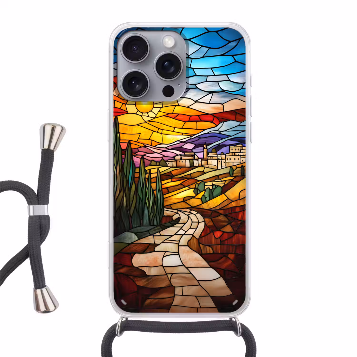 Mozaïek - Zon - Landschap - Dorp Hoesje iPhone 16 Pro Max met koord klein -3d