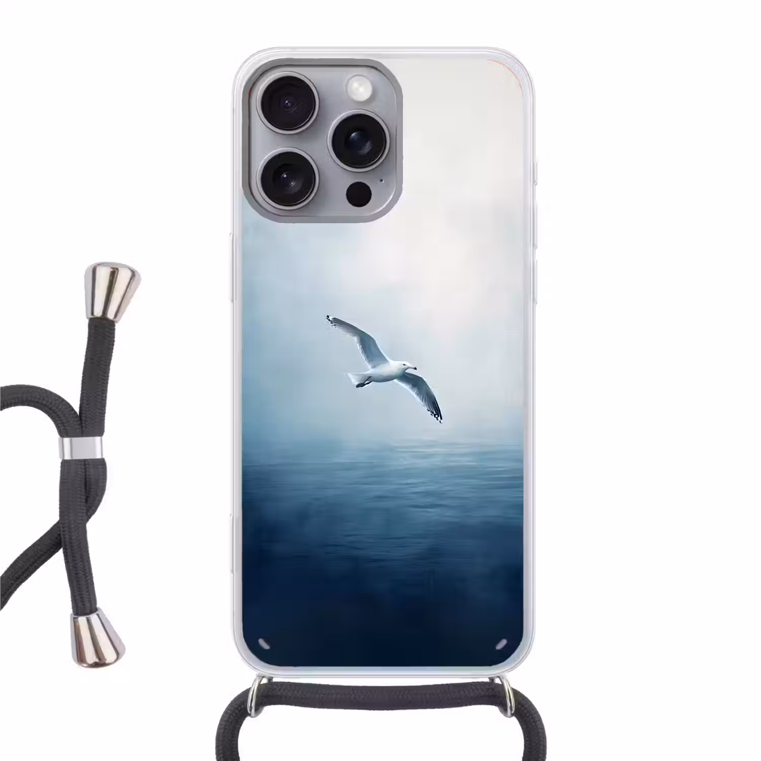 Meeuw - Wit - Zee - Mistig Hoesje iPhone 16 Pro Max met koord klein -3d