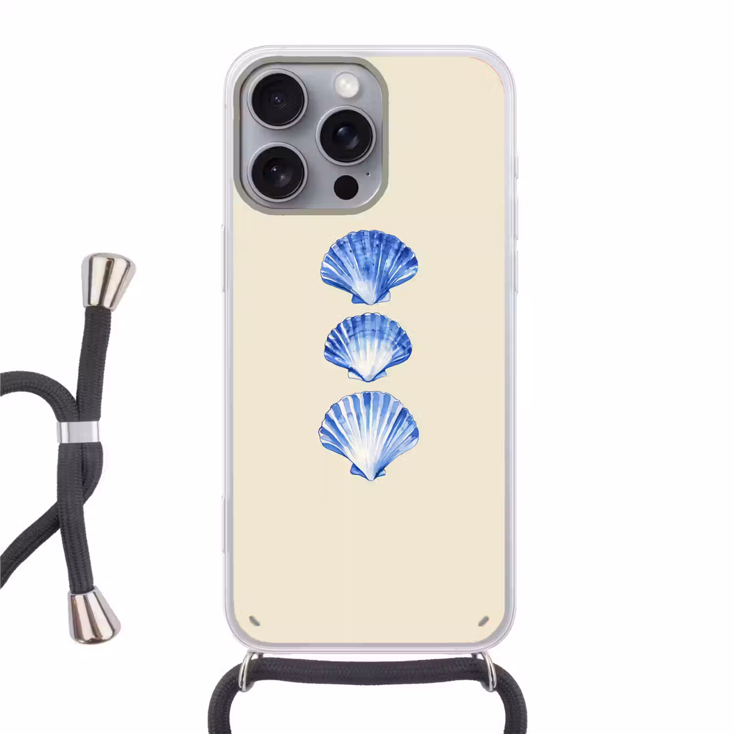 Schelpen - Blauw - Beige Hoesje iPhone 16 Pro Max met koord klein -3d