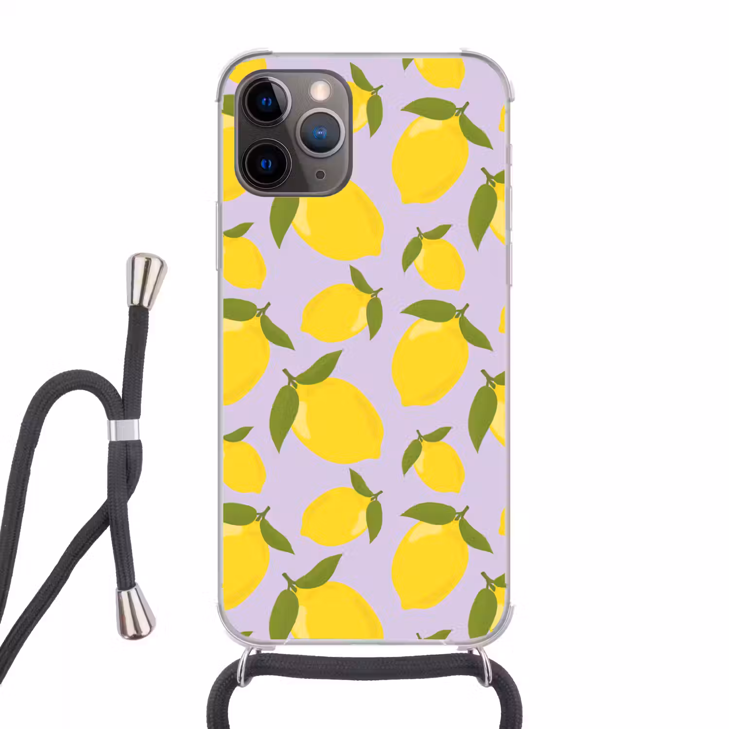Citroenen patroon - Geel - Paars - Patroon - Vruchten Hoesje iPhone 12 Pro met koord klein -3d