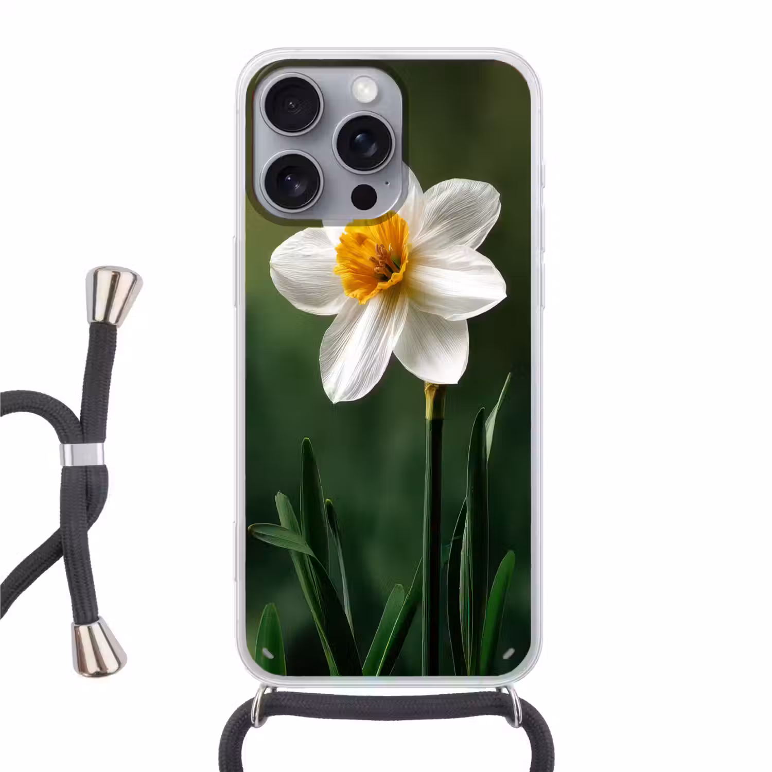 Narcis - Bloem - Wit - Grassprieten Hoesje iPhone 16 Pro Max met koord klein -3d