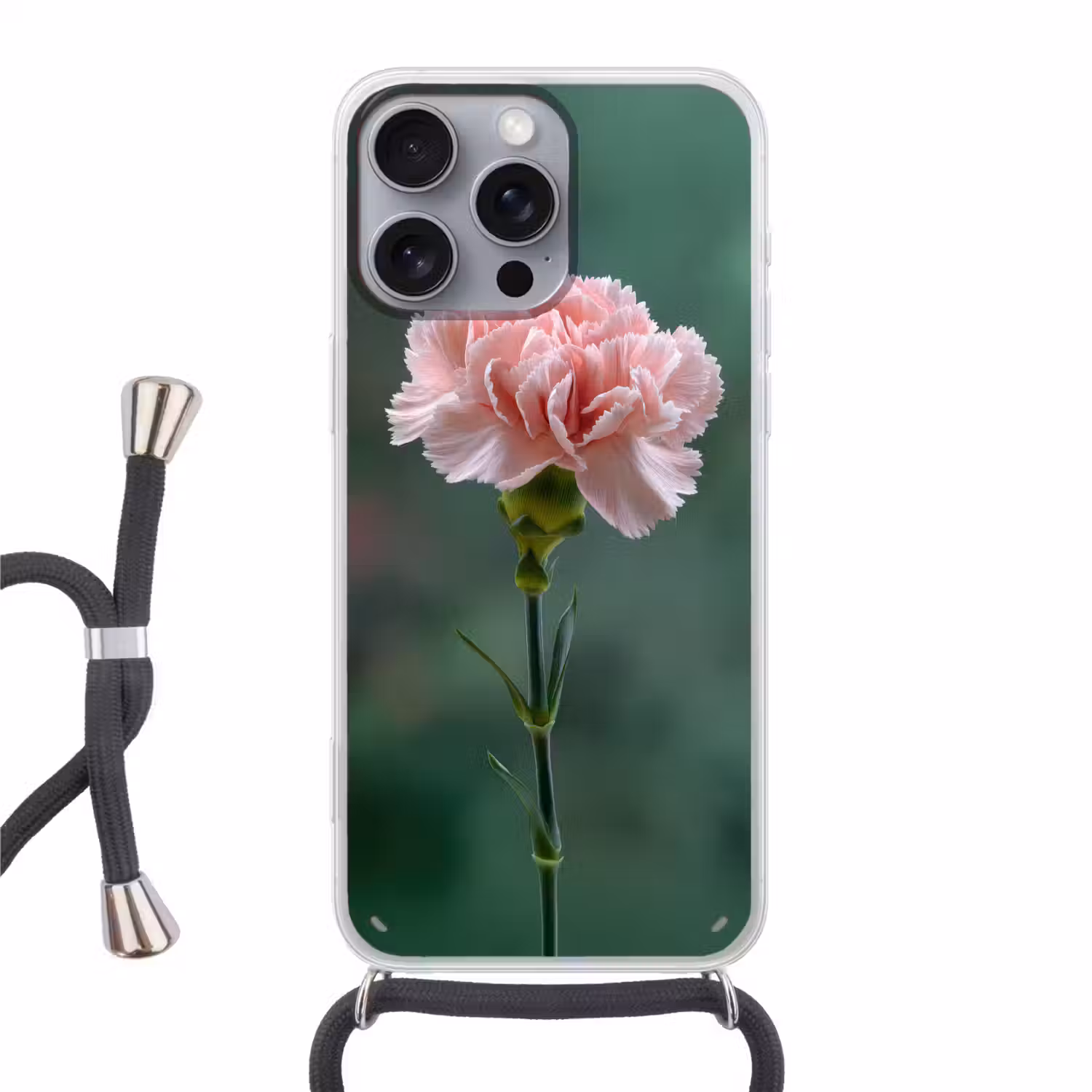 Anjer - Roze - Bloemblaadjes Hoesje iPhone 16 Pro Max met koord klein -3d