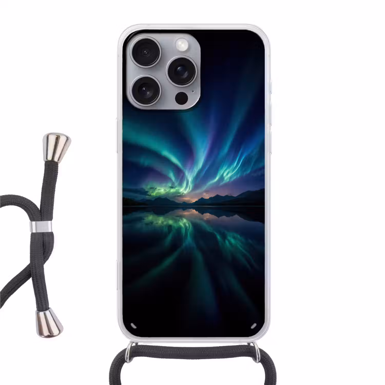 Noorderlicht - Kleurrijk - Bergmeer Hoesje iPhone 16 Pro Max met koord klein -3d