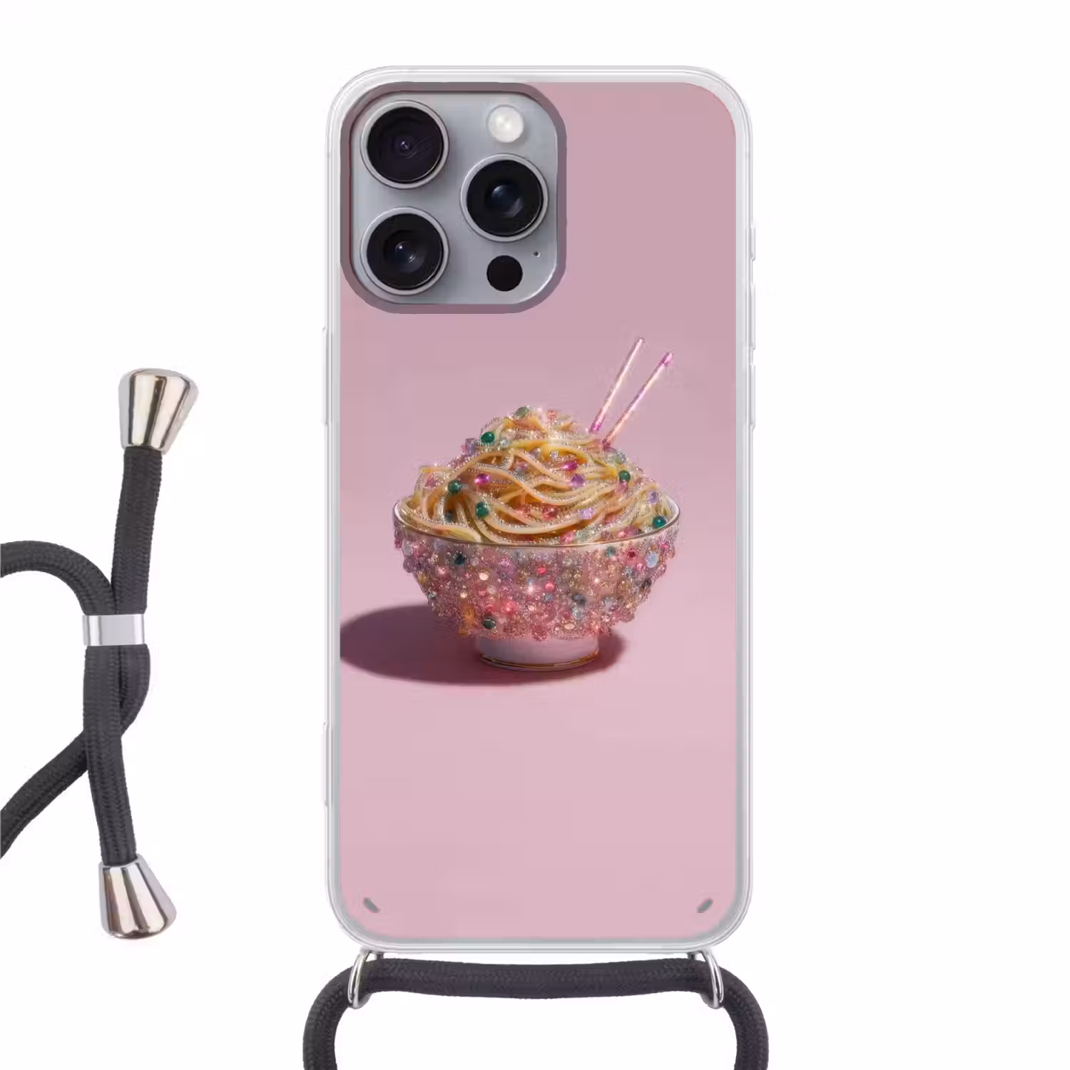Noodles - Edelstenen - Stokjes - Roze Hoesje iPhone 16 Pro Max met koord klein -3d