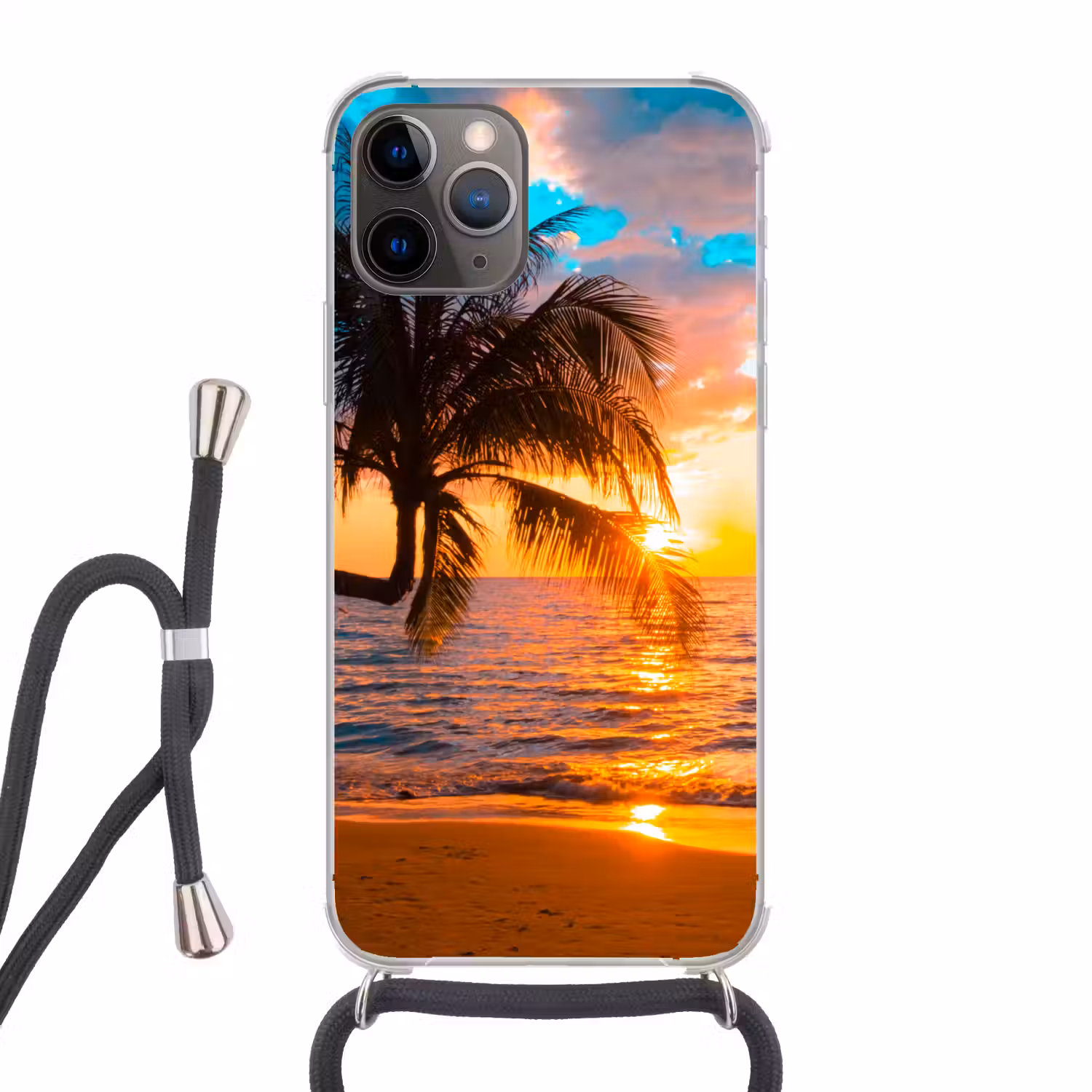 Palm - Zonsondergang - Horizon - Strand - Zee Hoesje iPhone 12 Pro met koord klein -3d