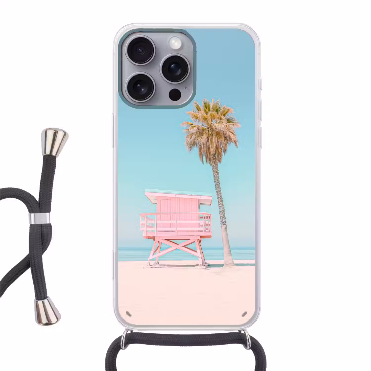 Palmboom - Strandhuis - Roze Hoesje iPhone 16 Pro Max met koord klein -3d