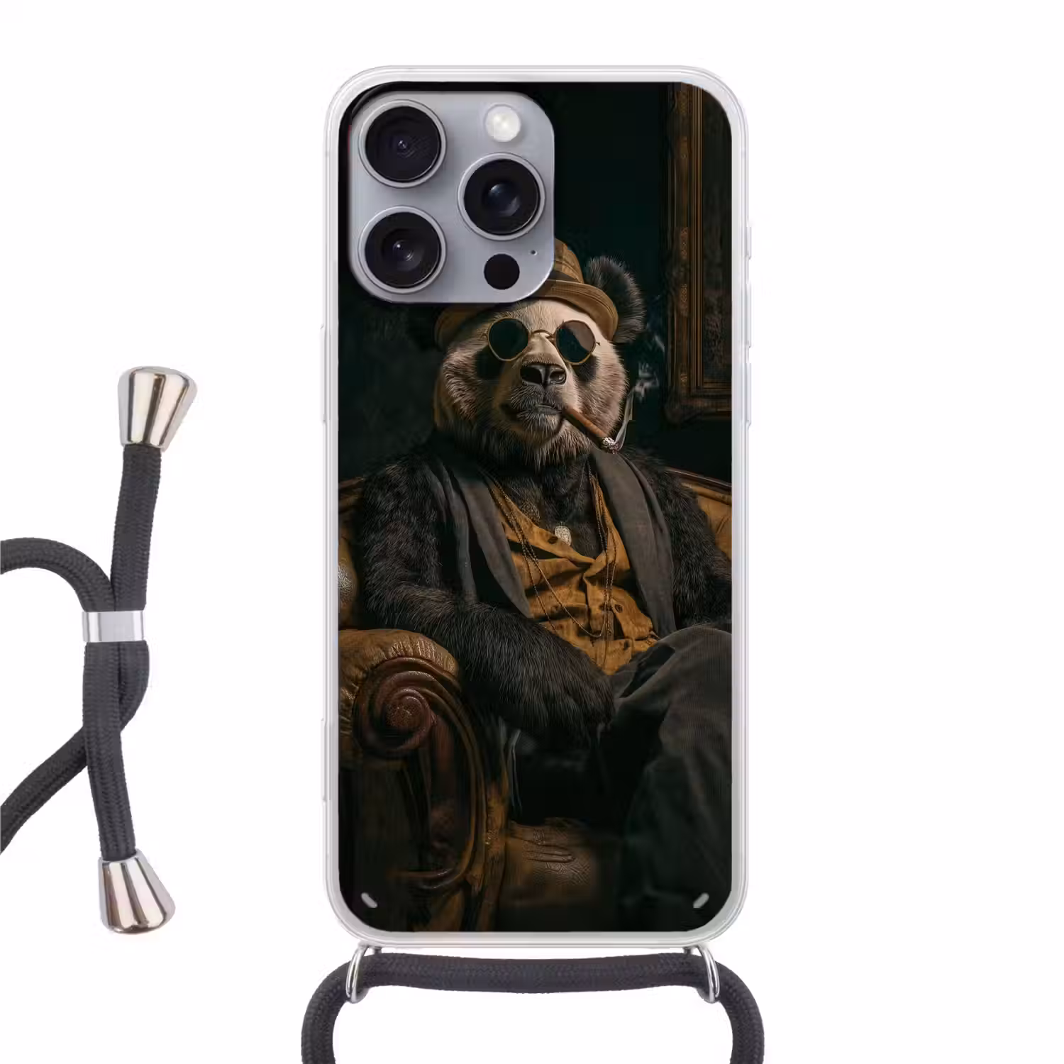 Panda - Hoed - Bril - Pak Hoesje iPhone 16 Pro Max met koord klein -3d