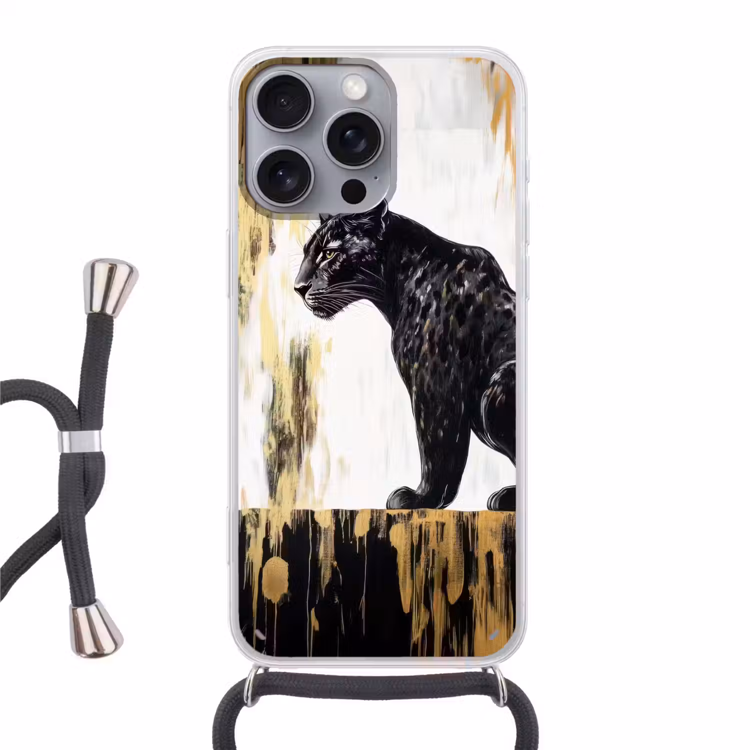 Panter - Zwart - Abstract - Goud Hoesje iPhone 16 Pro Max met koord klein -3d